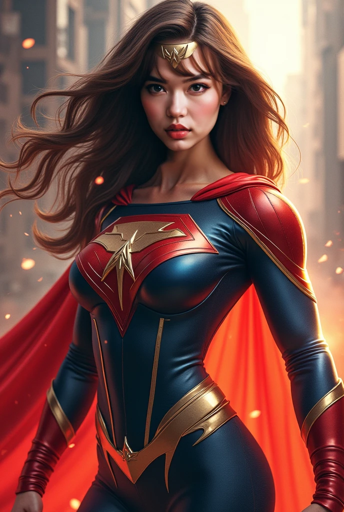 The female version of Shazam Mary Marvel, flying in the sky, perfect suit costume, golden cape, view angle, underneath view angle, perfect curves, buttock , lightning in the moonlight background