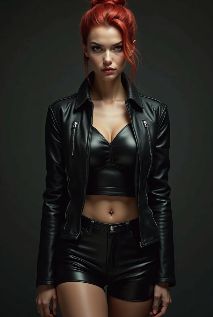A beautiful girl with medium red hair in a low loose ponytail, Jesse Faden from the video game "Control", (Courtney Hope), BREAK: (arms behind her head:1.3), head tilted away from the camera, shy expression, (leaning against wall:1.3), (placing foot on the wall), (breasts covered:1.4), (topless under jacket:1.3), BREAK: dishevelled abandoned office interior with white walls, white maneki neko in background, atmospheric lighting, moody lighting, highly detailed, photorealistic, 8k, best quality, masterpiece, BREAK: best face, Courtney Hope's face, physically based rendering, correct anatomy, correct face structure, perfect pose