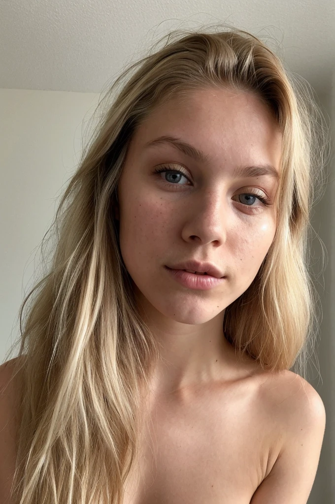 blonde hair, long hair, beautiful woman 23 years old, mole under lip, freckles on face, nude, close up, only top, standing in a bedroom, canon apperture 1.8 lens 35mm, bright blue eyes, serious facial expression, mole above upper lip, full lip