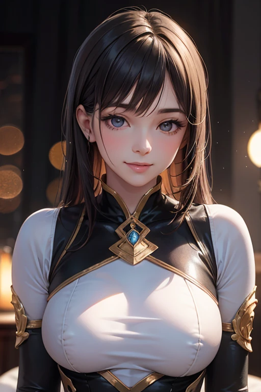 A young woman with light brown hair and a ponytail wearing a fantasy white costume、Green Eyes