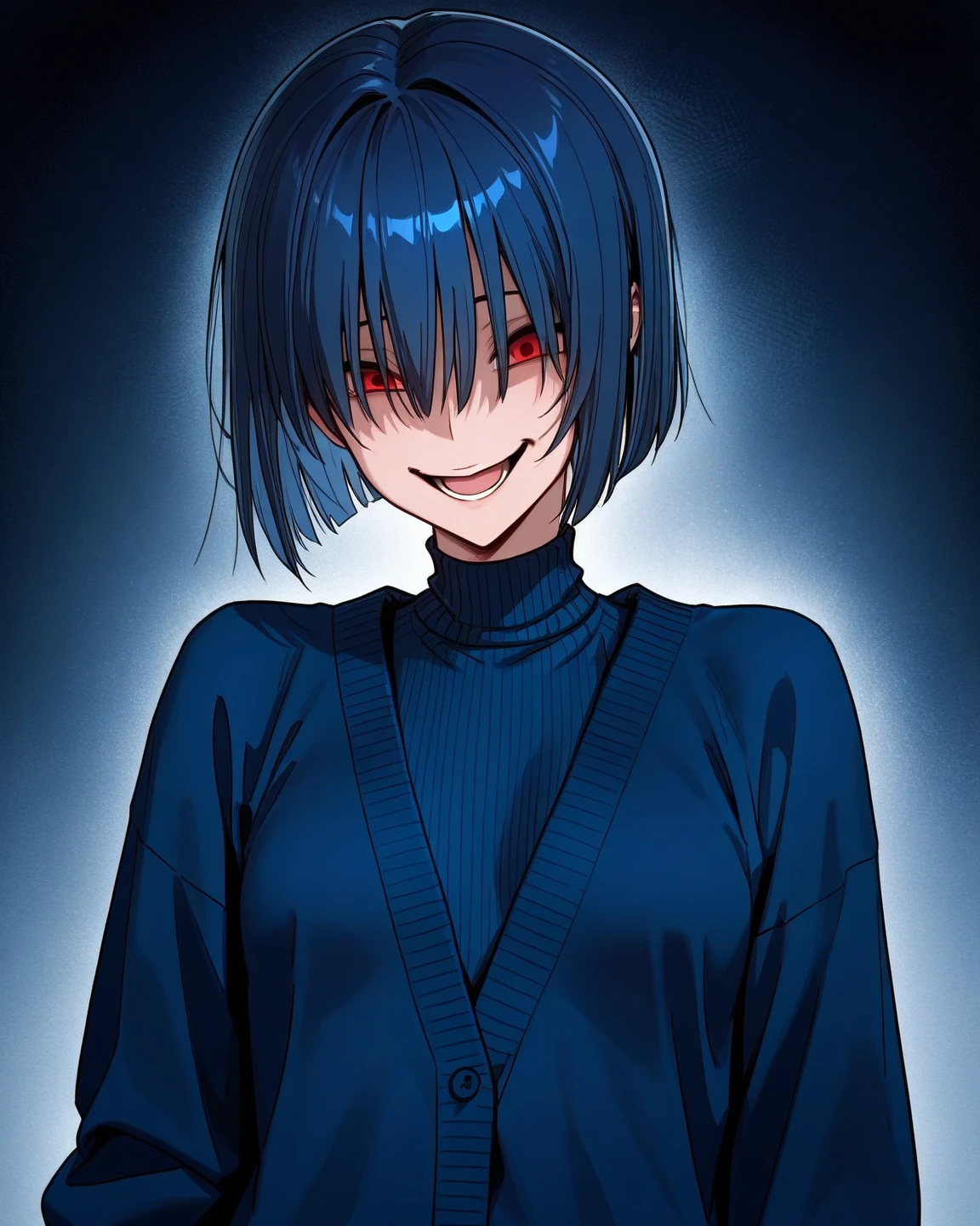 create an image of an adult anime girl sitting with legs crossed on top of a building, with a sadic smile expression on her face, short hair hiding her eyes and an tight and long akatsuki uniform, but with blue clouds instead of red, under the heavy rain and a full moon with several clouds around