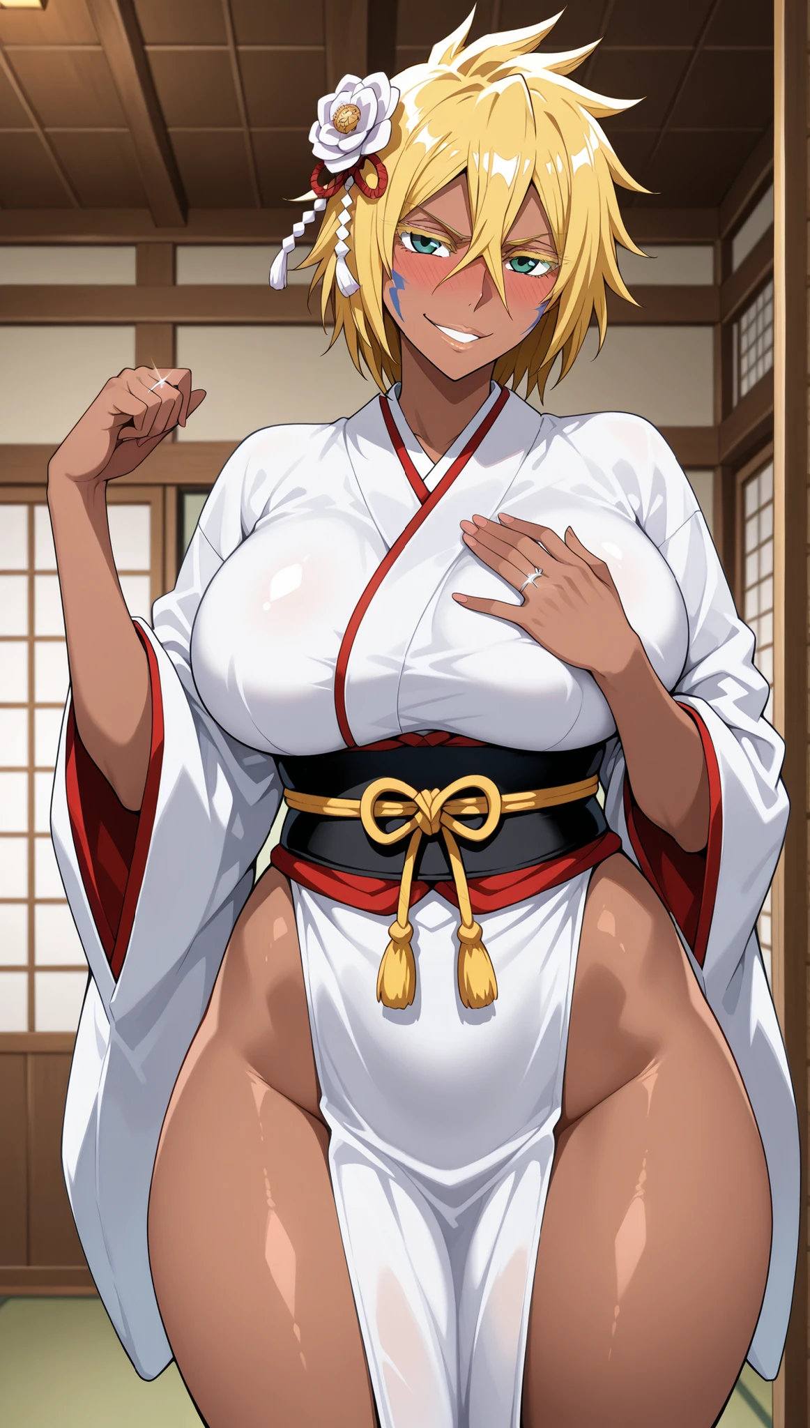 <lora:TsukyoV5:1>,  tsukuyo, hair_down, 1girl, blonde_hair,  solo, breasts, cleavage,
