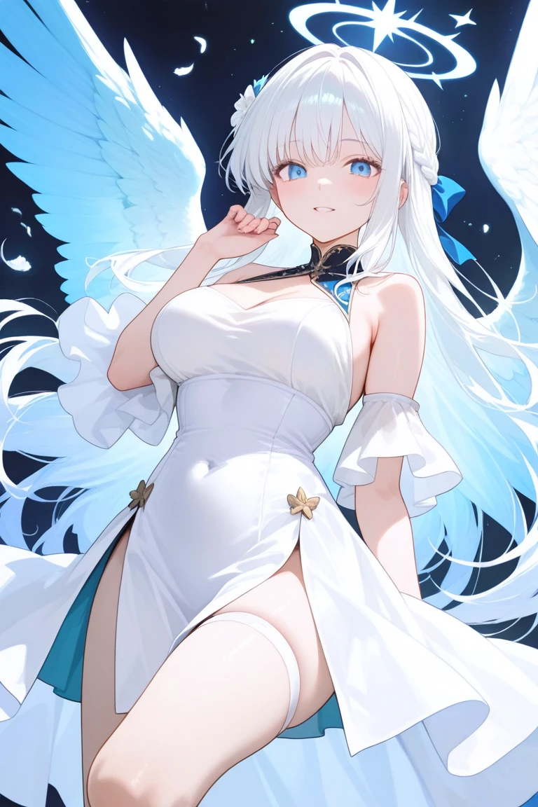 Beautiful Angel Girl with Wings、Angel 7 colored wings on the back、cranny々Beautiful up to、japanes、White skin、Light blue long hair、Hairstyle is Twintails、Gentle expression、A charming smile、Women in Their 20s、high-level image quality、Top image quality、cute little、kosmos、constellation、a moon、Facing the front、Normal breasts、White and light blue leotard、being thin、Have sex appeal