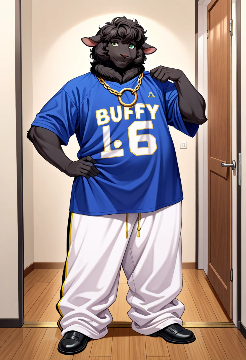 male, anthro, furry, solo, full body, sheep, fluffy, black fur, green eyes, gold chain around neck, oversized jersey shirt, (clothed), baggy pants, chubby, hand on hip, highly detailed, high resolution, detailed background, detailed clothing, masterpiece, good , handfixer, dynamic pose
