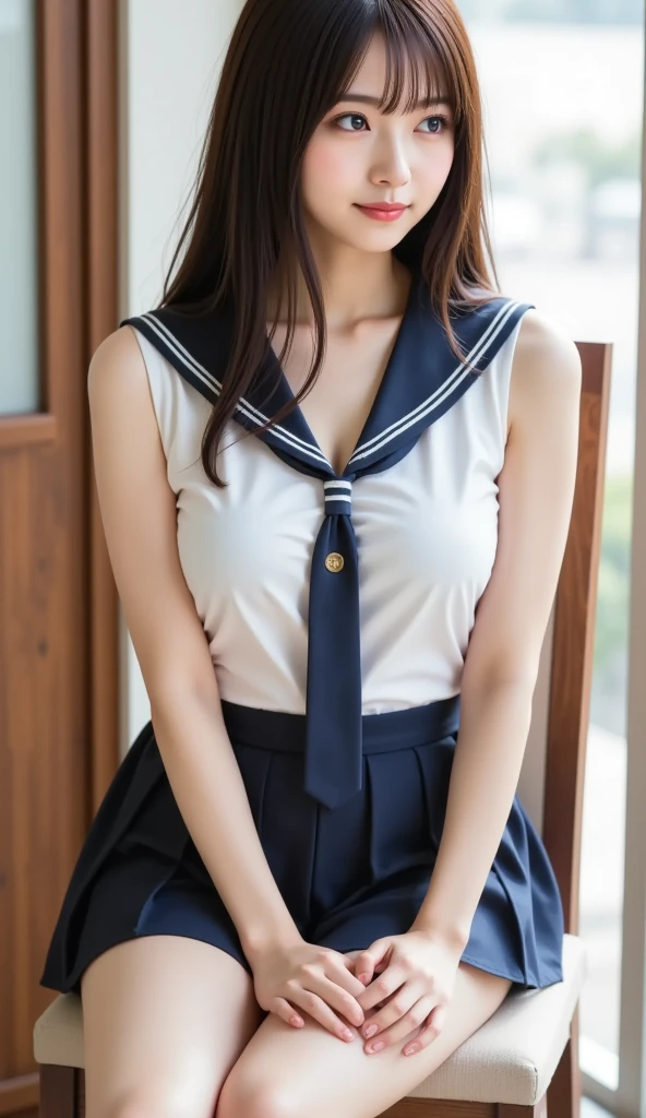 (highest quality、8k、16k、masterpiece、Realistic、Super detailed、Beautiful in every detail、ray tracing)、photograph、
school classroom、
beautiful asian girl、Face like a Korean idol、18 year old female model、whole body、(sailor suit)、
(detailed face、Golden ratio of beauty)、gentle smile、detailed lips、detailed eyes、black hair、bob hair、Idol style super cute face、slim and beautiful body、beautiful breasts、Glossy skin、