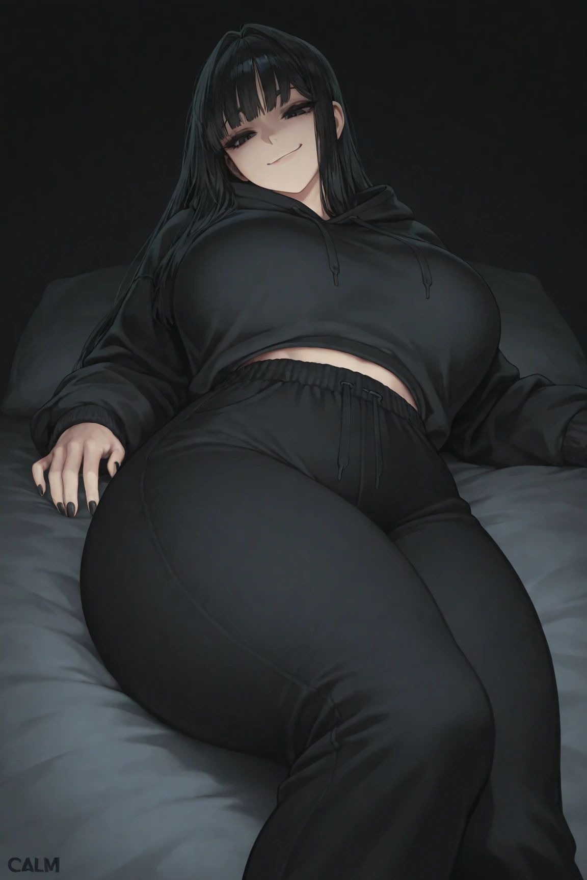 Photorealism, detailed, (Human:1.6), black hair, long hair, hair down, hair over eye, flowing hair, young, happy, freckles, pale skin, goth, red lipstick, choker, black eyeshadow, slightly chubby, belly overhang, big belly, wide hips, thick thighs, bottom heavy, short stack, voluptuous, ((hyper bulge)), hyper genitalia, genital outline, erection under clothing, gynomorph, hyper, hyper breasts, cleavage overflow, thigh highs, garter straps, leg warmers, hoodie, hood up, cleavage cutout, arm warmers, seductive, bedroom eyes, looking at viewer, bedroom, dark background, black bedding, black panties, hyper thighs, ((sitting, spread legs))