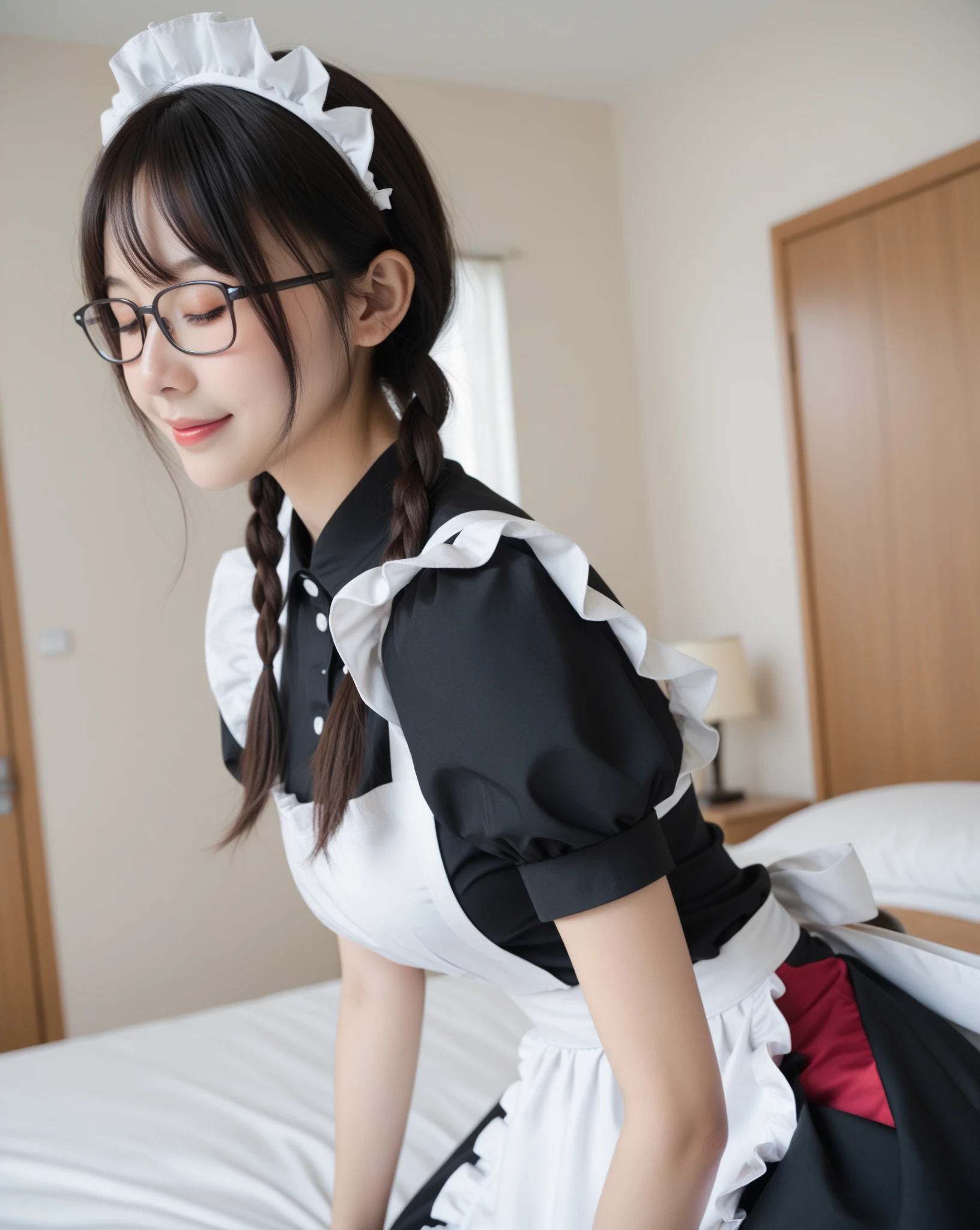 1 Girl, french maid outfit, stockings, garter, arm sleeves, short hair, wearing glasses