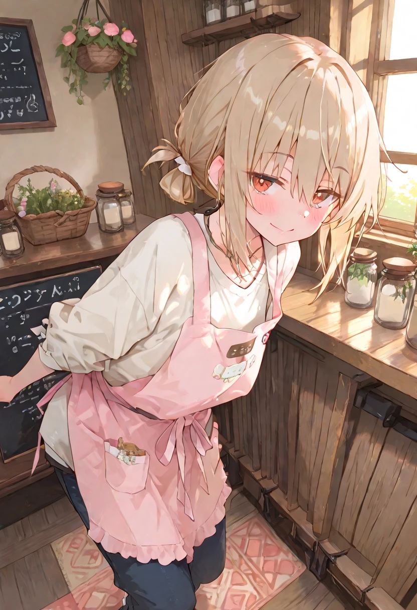 (anime style),masterpiece, best quality, extremely detailed,10Year old,tanned skin,dark skin, Beautiful body,small breasts,BREAK,multicolored colorful blonde hair,short hair,hair slicked back,BREAK,black eyes,wedding ring,shy smile,open mouth,half closed eye,detailed lips,open legs,BREAK,cotton black big ribbon,BREAK,yellow a sweater with vertical stripes,kitchen apron,striped_bikini,off shoulder,navel,break,head tilt,in the kitchen,have a vegetables,put one knee on the desk