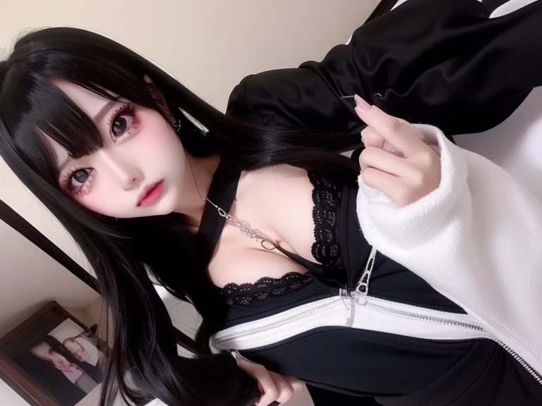 highest quality、8k、32k、masterpiece、Hmph:1.2)、One Girl、One girl, Striped Hair, Black Hair, Hair between the eyes, A small sexy mole under the eye, High detail, Conceptual Art, Gothic art, Super detailed, High details,Focus on the face,nsfw,(nipple slip), Mid-chest,Detailed nipples,topless