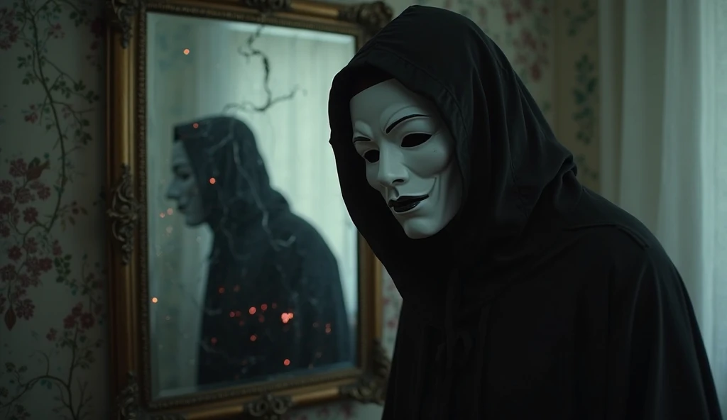 person with anonymous mask, inside a white floating bubble , with credit cards in the background of the image