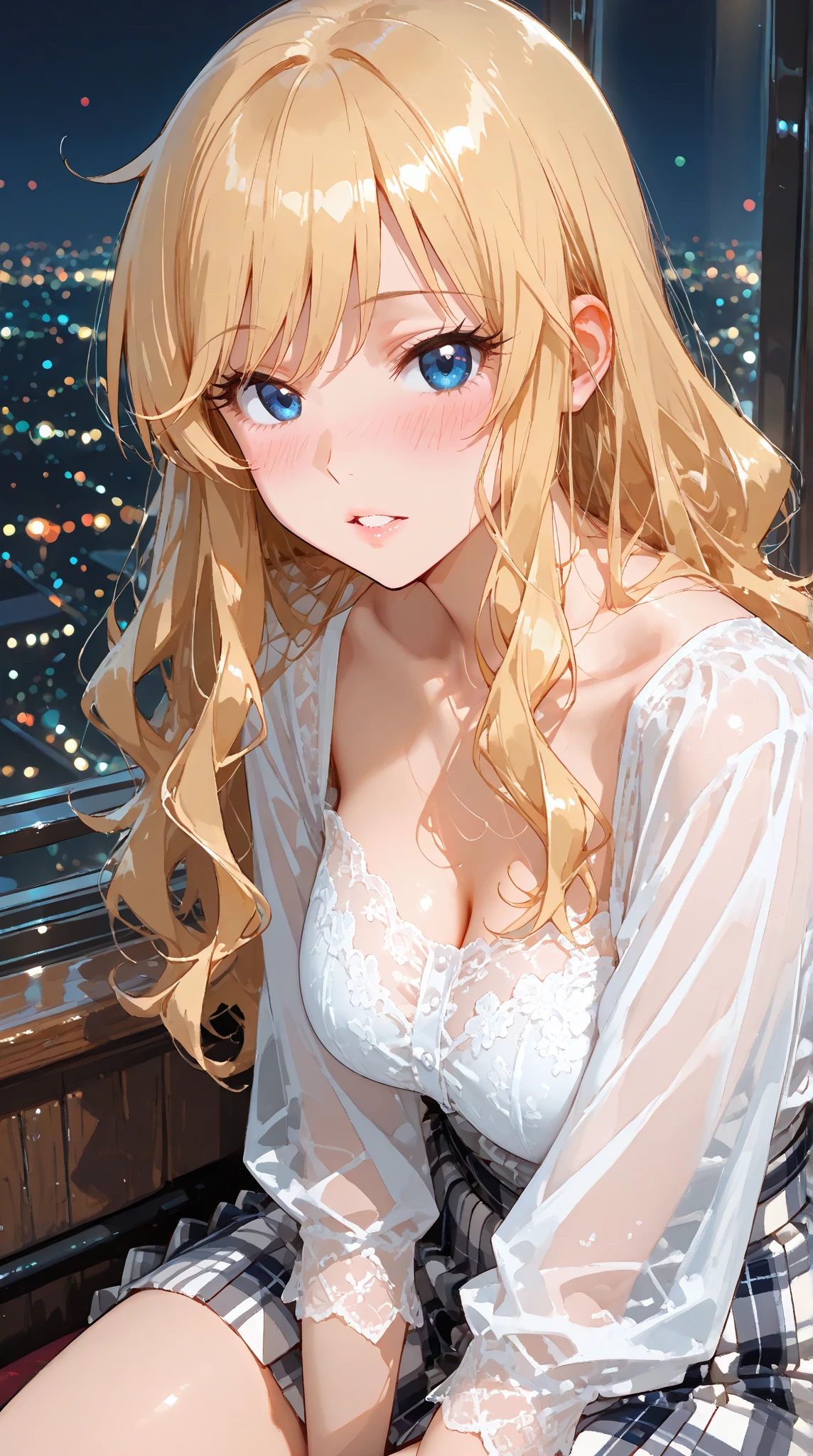portrait、512、lofi、Girl with bike、City view outside the window、night、Pastel colors、Painting, lots of stars and moon, super big breast