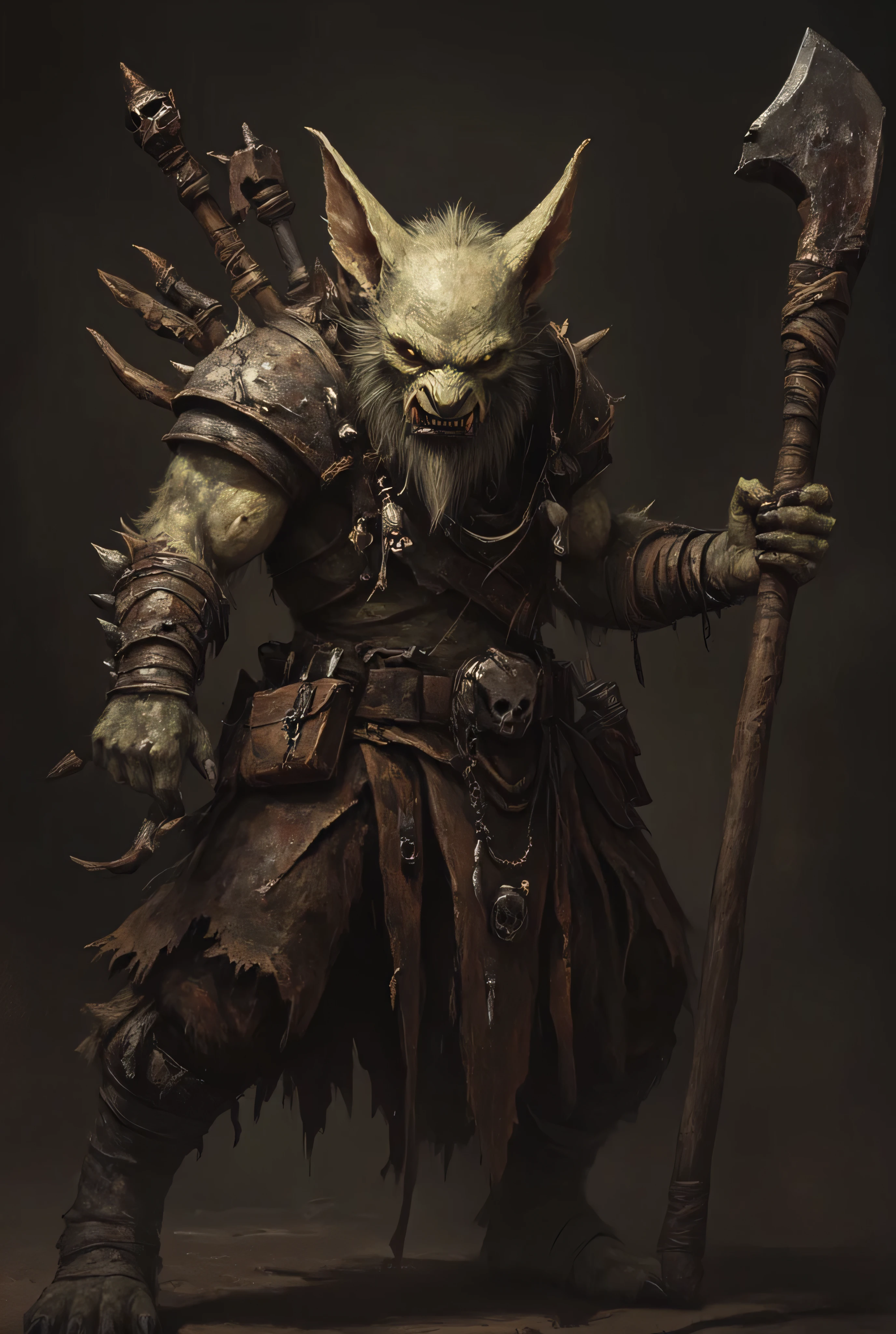 (kobold, detailed fantasy kobold creature, mischievous expression, sharp teeth, glowing eyes, pointed ears, weathered leather armor, wielding rusty dagger), anthr0dnd, Gul'dan, dark fantasy character, detailed full-body character concept art, minimalist design, 8K, photorealistic, masterpiece, ultra-detailed, vivid colors, dramatic lighting, moody atmosphere, cinematic composition, simple dim background, intricate textures, seamless blend of realism and fantasy