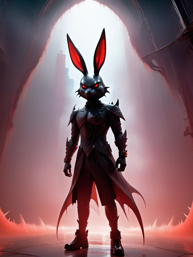 rabbitman , evil demon , bow , eyes focus, ears, mus ,Tulips, cles, jungle