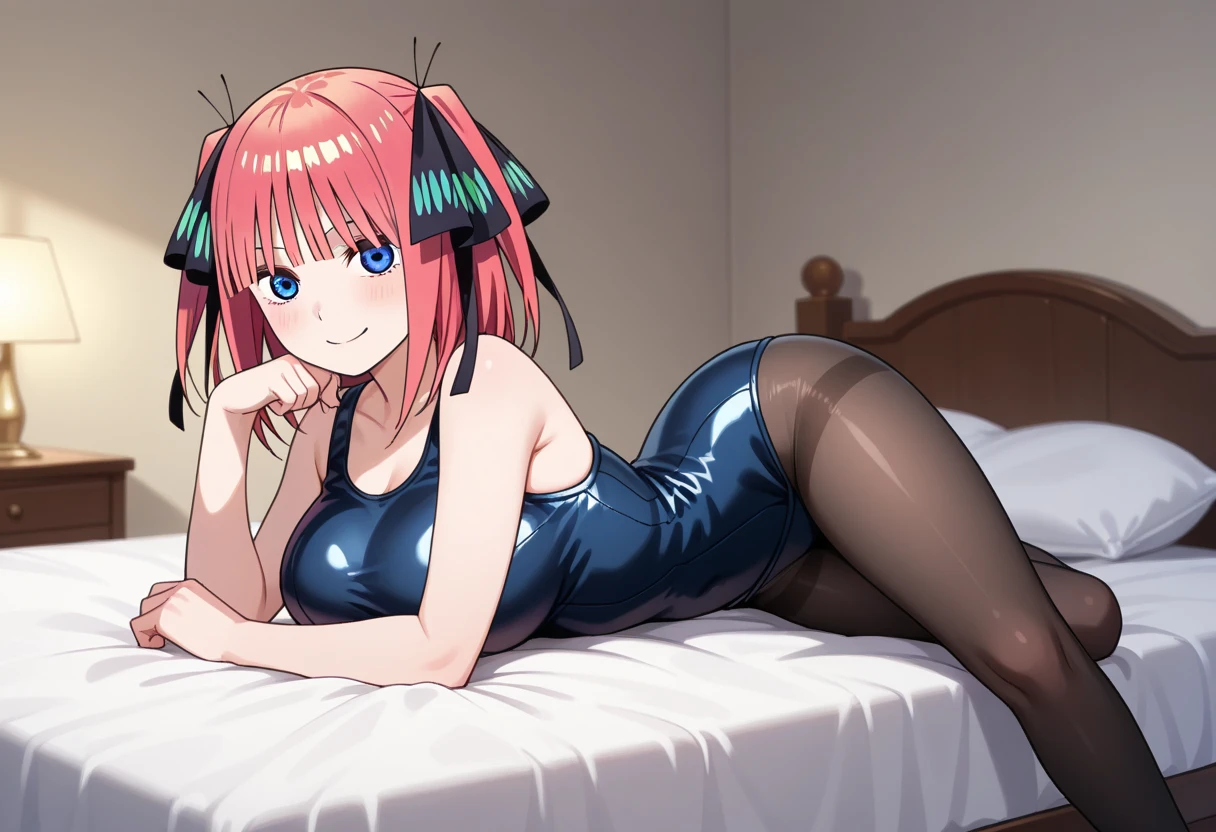 masterpiece, best quality, insanely detailed, beautiful, nino nakano, one-piece swimsuit, breasts, pantyhose, blush, smile, bed room, legs spread