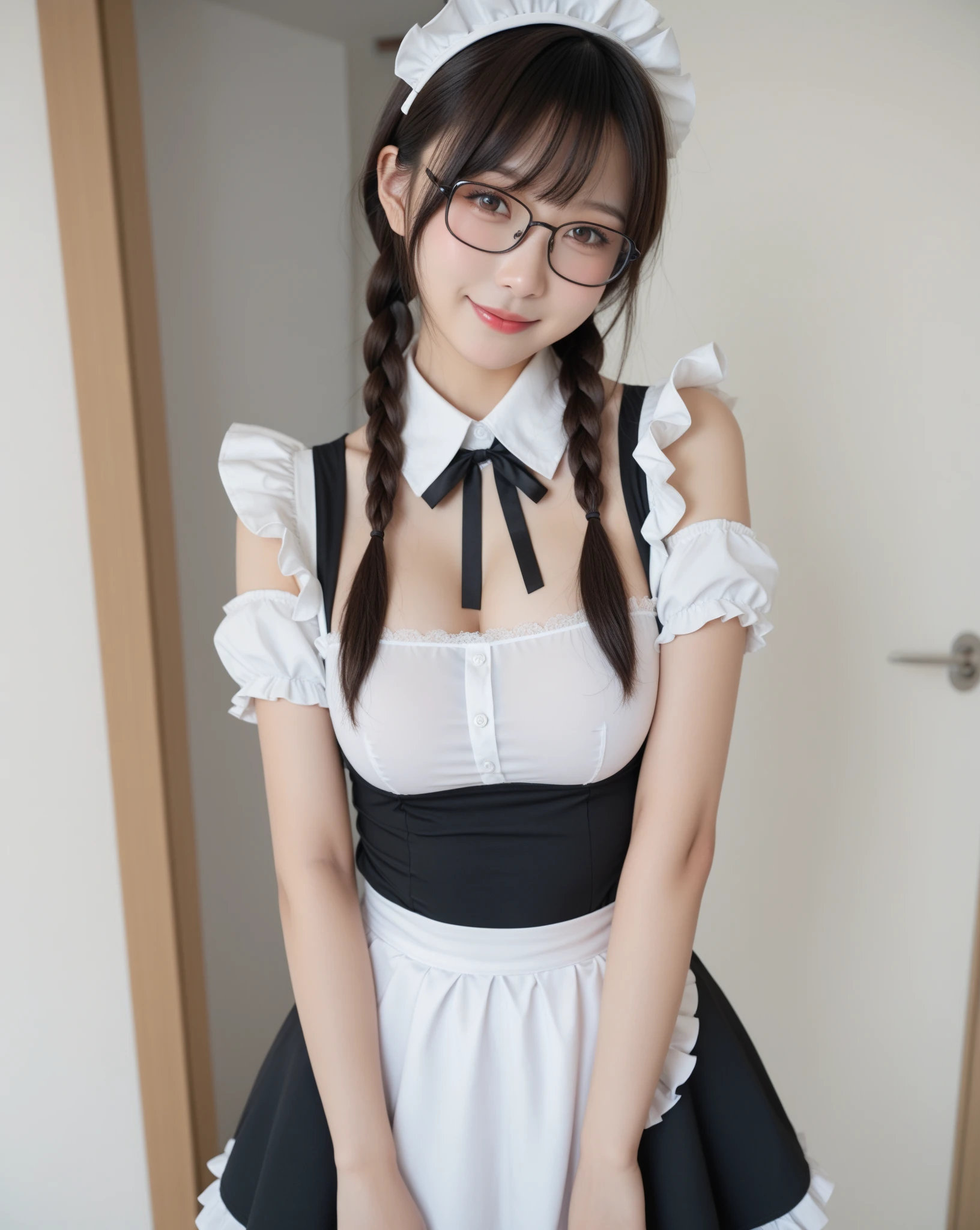 Best quality: 1.4, high resolution, perfect lighting, (1 girl), 20 years old, glasses, big butt, panty shots, black maid outfit, white frilly headband, cleaning