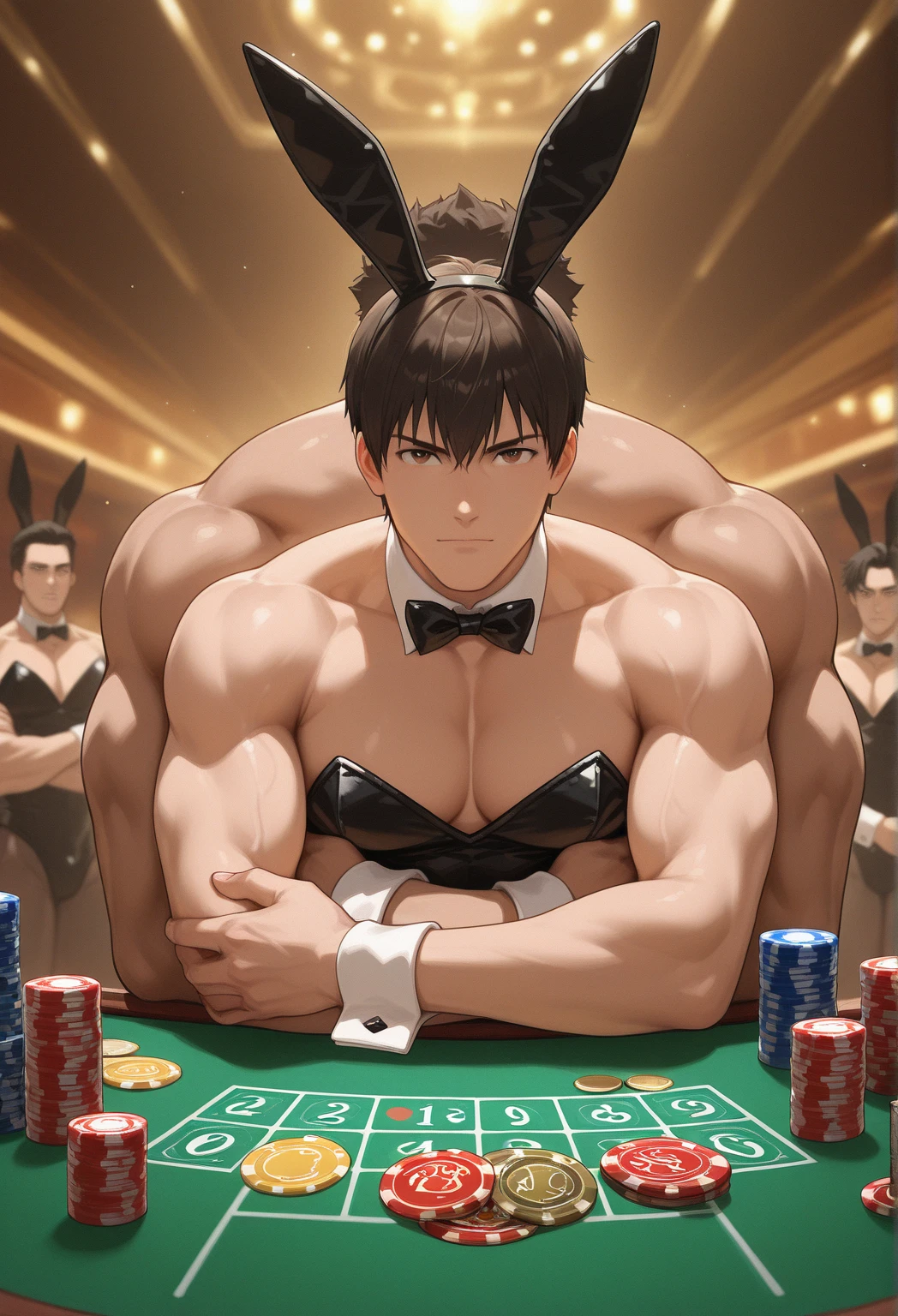 Full body depiction, men only, sexy, sensual, space full of hot air and steam, dimly lit luxury club, haze does not show the background well, luxury casino, squats on table, slot machine, roulette, game table, gambling, strip, large playroom, party, playboy bunny, rabbit ears, white cuffs on wrist, black bow tie, bunny boy, mega muscle, Hyper muscle, masculine appearance, mature male, handsome, underwear only, shirtless, no pants, beautiful muscles, complex and elegant, highly detailed digital painting, anime style art, art station, concept art, top quality, masterpiece, ultra high definition, detailed background, realistic figure, muscular man, beard, muscle, facial hair, volumetric lighting, depth of field, bend down, squats, show aside, smooth and sharp focus, illustration, art, string latex bikini, men's string latex bikini, men's string bikini, ass digging string, facial hair, trimmed hair, muscle, navel, muscle, male, gay, hyper muscle, male focus, muscle male, yaoi, muscle, buttocks, pectoral muscles, large pectoral muscles, thick quadriceps, thighs, Wet body, heat and steam emanating from the body, sweating, soaked, crotch, face down on white beach bed under striped parasol, big back, turning around, showing back, showing ass, upper class, bunny boy waiter, tropical drink, shiny oiled skin, glittering oiled skin, tanned skin, bubble ass, dog style, bunny boy waiter and guest guys