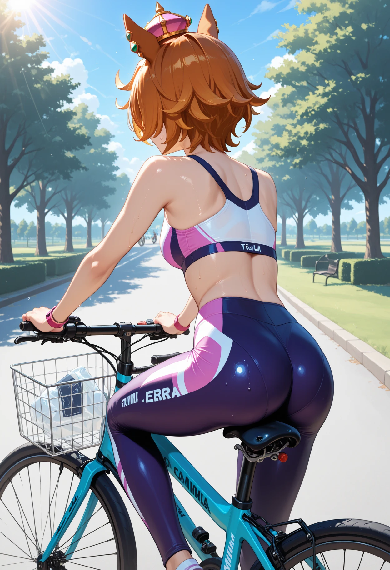 1girl, bicycle, pink bike jersey, pink bike shorts, ((tight jersey)), ((tight long sleeves)), blonde hair, fingerless blue gloves, ((tight gloves)), full body, gloves, short hair, shoes, socks, standing, solo
