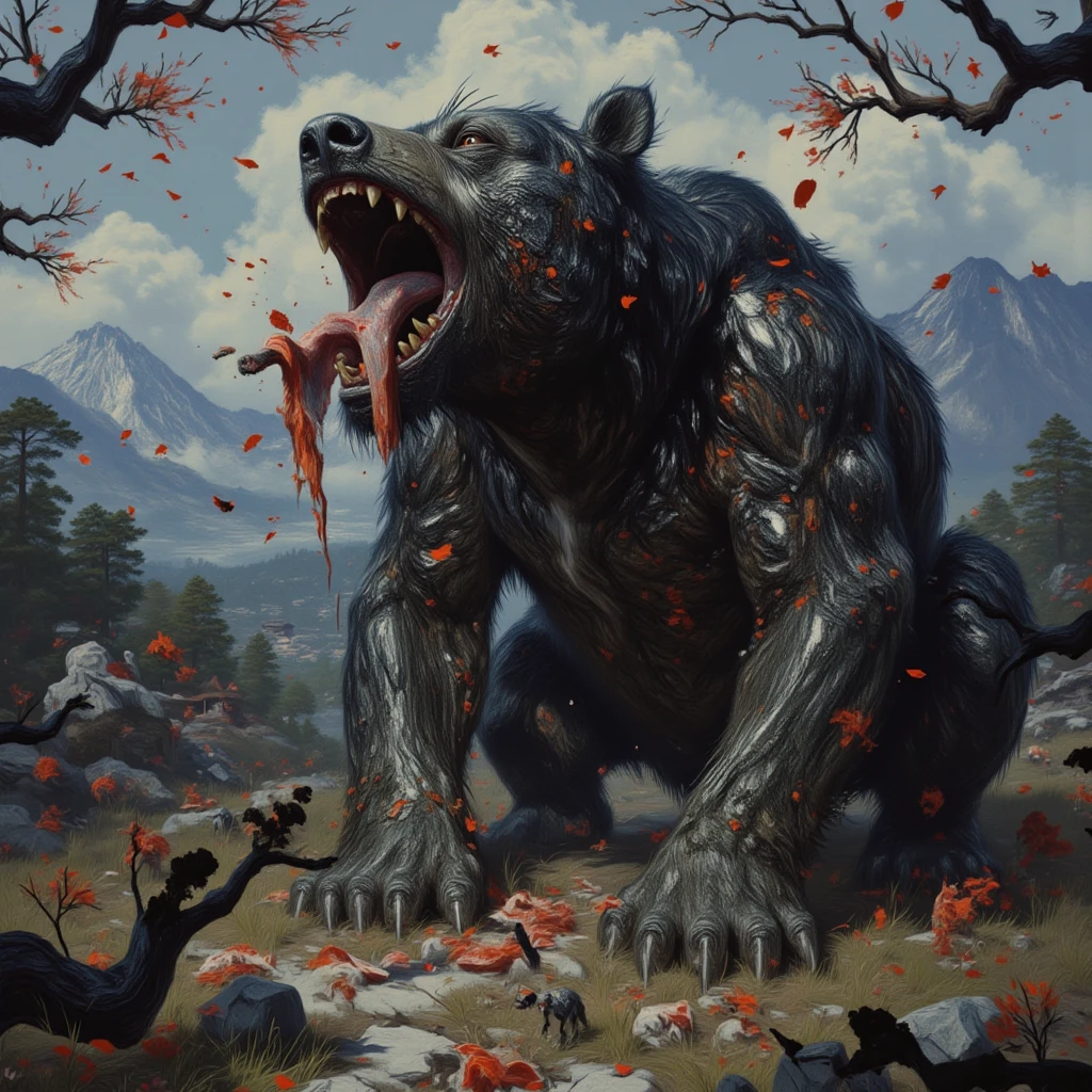 The painting style is detailed and epic. Dynamic frame. The middle of the movement. At a low angle, the figure of a huge, terrifyingly beautiful fantastic Warrior Bear with its head raised up and its toothy mouth open is vertically visible.   A drunken, satisfied Bear catches black petals. Black petals are falling from above, from the branches of old japanese trees. The massive jaws of the bear are actively gnawing on animal flesh. When he chews, steam escapes from his nostrils, mixing with the cold night air. His amber eyes sparkle with pleasure, and his eyelids are heavy with sleepiness caused by eating. The toothy mouth is full of animal flesh. Zombie s are everywhere. On the half-fallen branches of old japanese trees, on the grass. The monster is as relaxed as possible and ready to fall asleep. The huge fantastic bear looks both organic and delightfully predatory. The bear's body is covered with hairy dark fur mixed with some dark black scales. The body is muscly and mildly elongated, with powerful paws with thick claws. A beautiful landscape filles with mountains is depicted in the background. Wooded hills and a temple are visible in the distance. The sky is darkish blue, leaves are flying everywhere. Natural lighting: with backlight, with side lighting. Style: cinematic, fantasy, stylized. detailed design. Stylized, semi-realistic, highly detailed digital art. LUM FLAG