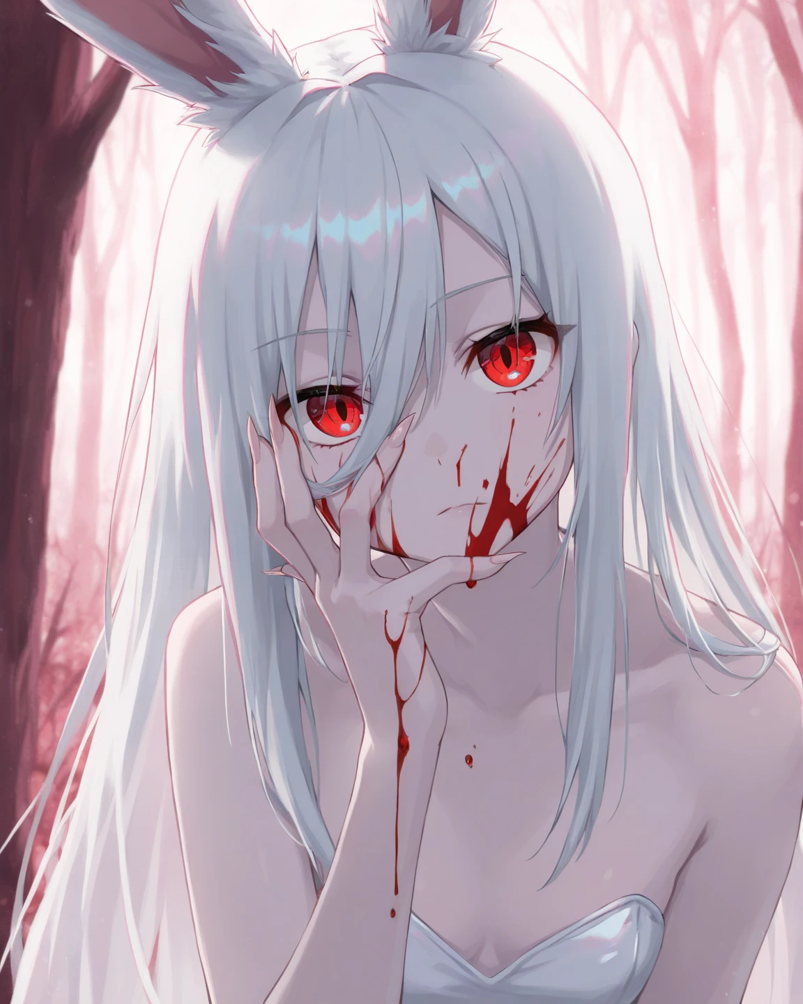 ((Best masterpiece, Perfect quality, Ultra detailed)), ((Grotesque, Fleshy, Bloody, Parasitic)), A skinny girl, With small breasts, With white hair, Wearing white bra, Wearing white panty, Without any other clothes, She has been parasitic. Parasites are parasitic her. Chrysalises are writhing inside her body. Scratched body, Teared skin, Bloody wounds, Decayed limbs, Parasites, Larvas, Maggots, Infection, Infesting, Surrendered
