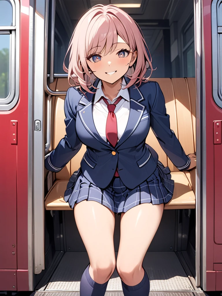 A beautiful woman wearing a miniskirt is sitting in the seat opposite me on the train, lifting her skirt and looking at me with a smile.