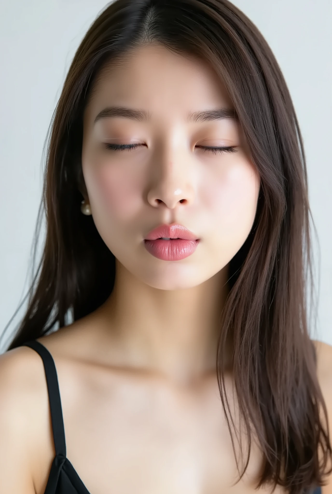 beautiful young woman, eyes closed, soft smiling expression, cheeks flushed, outer eye corners lowered, head slightly tilted back, extremely puckered lips, lips tightly pursed and pointed forward, exaggerated kissy lips, heart-shaped lip pose, shiny soft pink lips with wet glossy texture, light reflecting intensely on lips, face shown from collarbone up, black camisole, white studio background, camera angle slightly above, face centered and fully visible, dreamy euphoric atmosphere, focus on lips