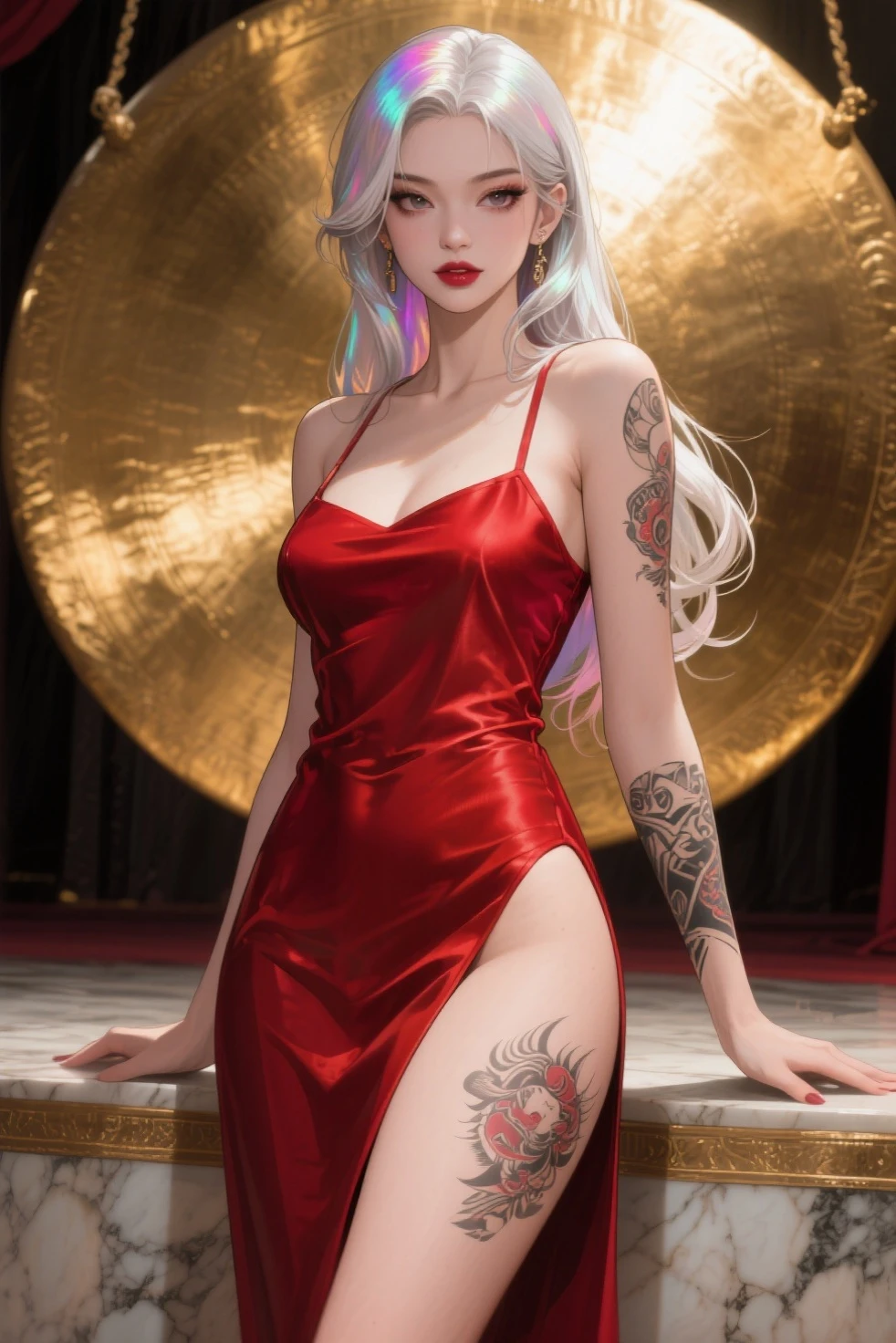 best work,Super high quality work,4k:2.0,ultra high definition,8K high-definition CG production,High quality graphics,3D high-definition CG photos,Ultra high pixels,Super exquisite:1.1,technical details:1.1,室内灯Light effect果:1.1,Natural dimming,Light effect,Ultra high resolution large files,fashion clothing photos,Exquisite and sexy woman,A mature and sexy woman,Royal sister temperament,Characteristics of European and American women,mixed race beauty,Temperamental type goddess,silver hair,She has long white and silver hair,clear hair,Careful hair texture(Premium hair details:1.1)Beautiful and delicate eyebrows and eyelashes,big eyes,light red eyes,sexy red lips,perfect lip shape,clear skin texture,hydrated skin(Advanced facial details:1.1)The face of a perfect goddess,perfect body shape,top supermodel,devilish figure,Hips raised,man's waist is very thin,long legs,(Advanced skin details:1.1),Smooth,Wear evening gown,bright red dress, ((glow dress:1.5))Sequin blood red evening dress,dress dress,black stockings,silk scarf,lace dress(Premium lace details:1.1)bright red,very bright blood red,High heel,livestock,Wear jewelry,ear nipple ring,necklace,bracelet,Eat dinner,full-body shot,Costume Art Photos,high quality work