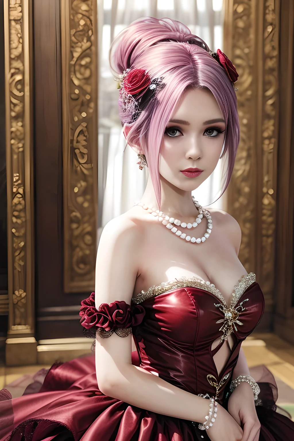 (top views),1 girl,Vampires, Elise,(in wedding dresses, bridal gown),Flower shop,jewely,Tattooed with,Redlip,(Glossy glossy skin:1.4),鎖骨,Charming cleavage,(tmasterpiece:1.5), (Best quality at best:1.35),(Realistis:1.4), detailed,8K,computer graphics image processing,detailed头发,,Expressive eyes, s the perfect face, real fingers,depth of fields,Similar colors,a warm color palette,softlighting,low-contrast,hard shadows,Desaturate Hue, 流行超Realistis,