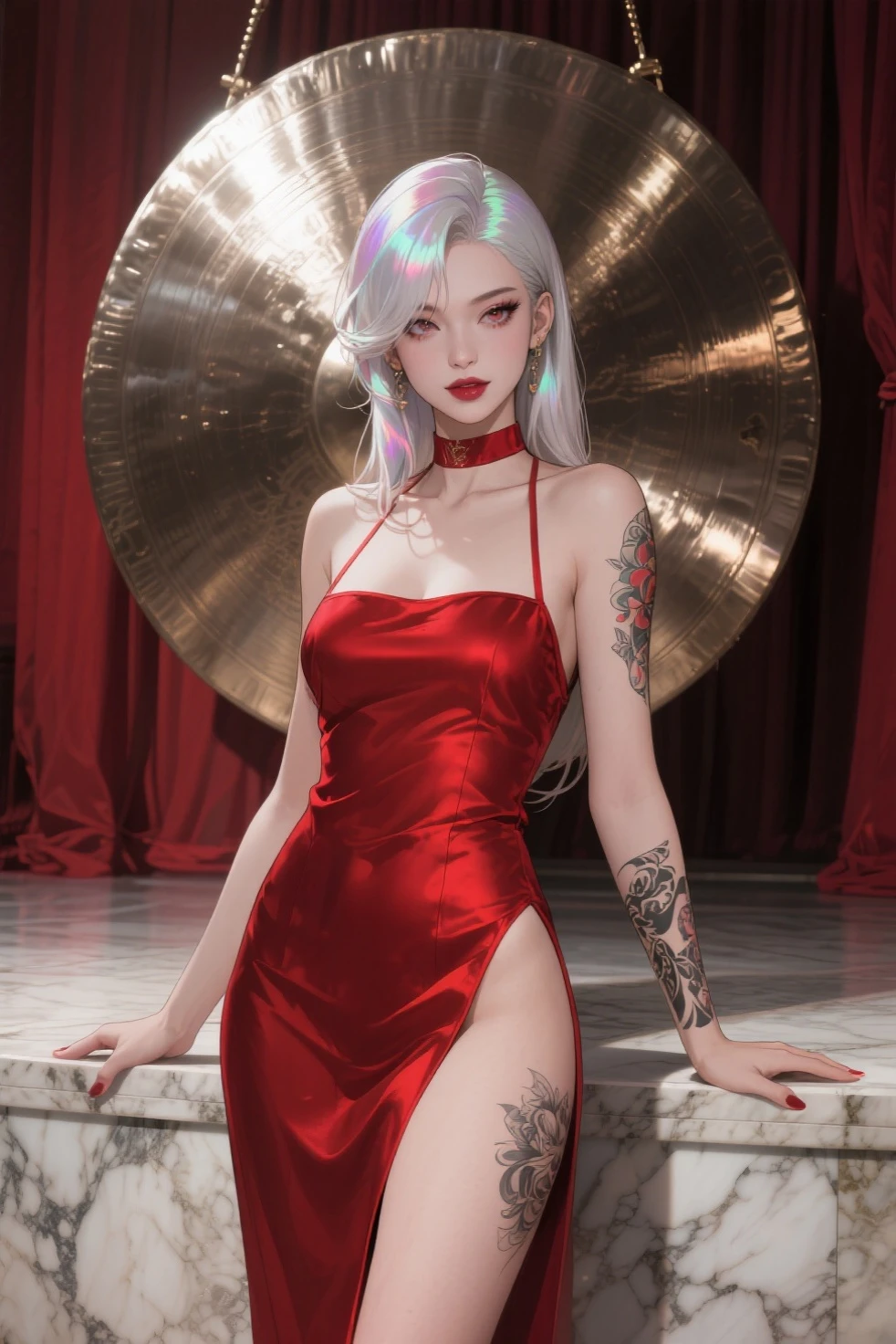 a beautiful female vampire wearing a (blood stained white Cheongsam: 1.5), an extremely beautiful female vampire, ultra detailed face, blond hair, long hair, wavy hair, dark glamour make up, pale skin, red lips, glowing red eyes, visible vampiric fangs, she wears a ((white Cheongsam: 1.5)), elegant, intricate detailed Cheongsam, silk Cheongsam, small cleavage, ((Cheongsam is decorated with gems: 1.4)), she wears elegant knee high heeled boots, exquisite knee high heeled boots, there are stains of blood on the upper part of the dress, dynamic background, best details, best quality, highres, ultra wide angle, 16k, [ultra detailed], masterpiece, best quality, (extremely detailed), full body, ultra wide shot, photorealistic, fantasy art, dnd art, rpg art, realistic art, comic book illustration