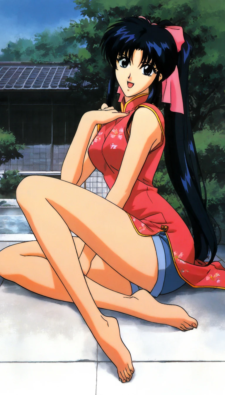 Yamashina Mizuho, masterpiece, best quality, an attractive sexy mature woman sitting on a bench in a kimono, 1girl, solo, japanese clothes, breasts, cleavage, kimono, no panties, female pubic hair, pussy, feet, nsfw, dress lift, spread legs, legs up, japanese sandals, seductive smile, red face, hair ornament, chignon hairstyle, single hair bun,