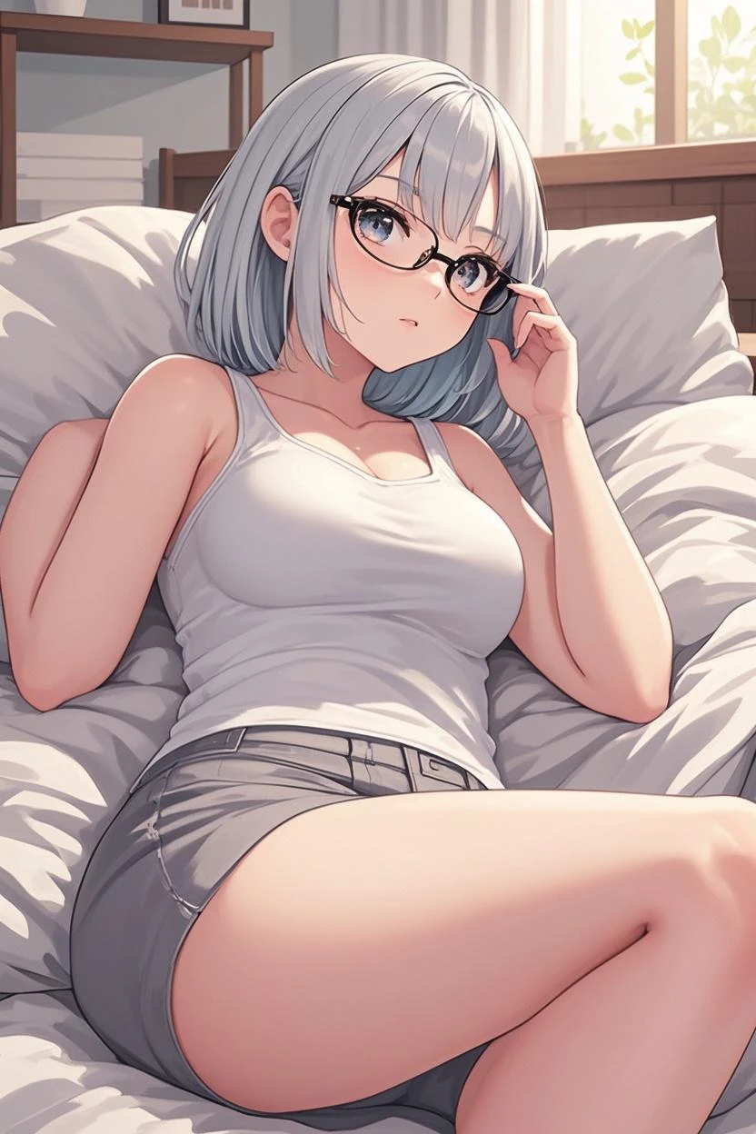 ((best quality)), ((masterpiece)), (detailed), perfect face. White hair. Ponytail. Anime girl. Black eyes. Glasses. Sweat. Vagina. Creampie. Spread legs. Masturbate.