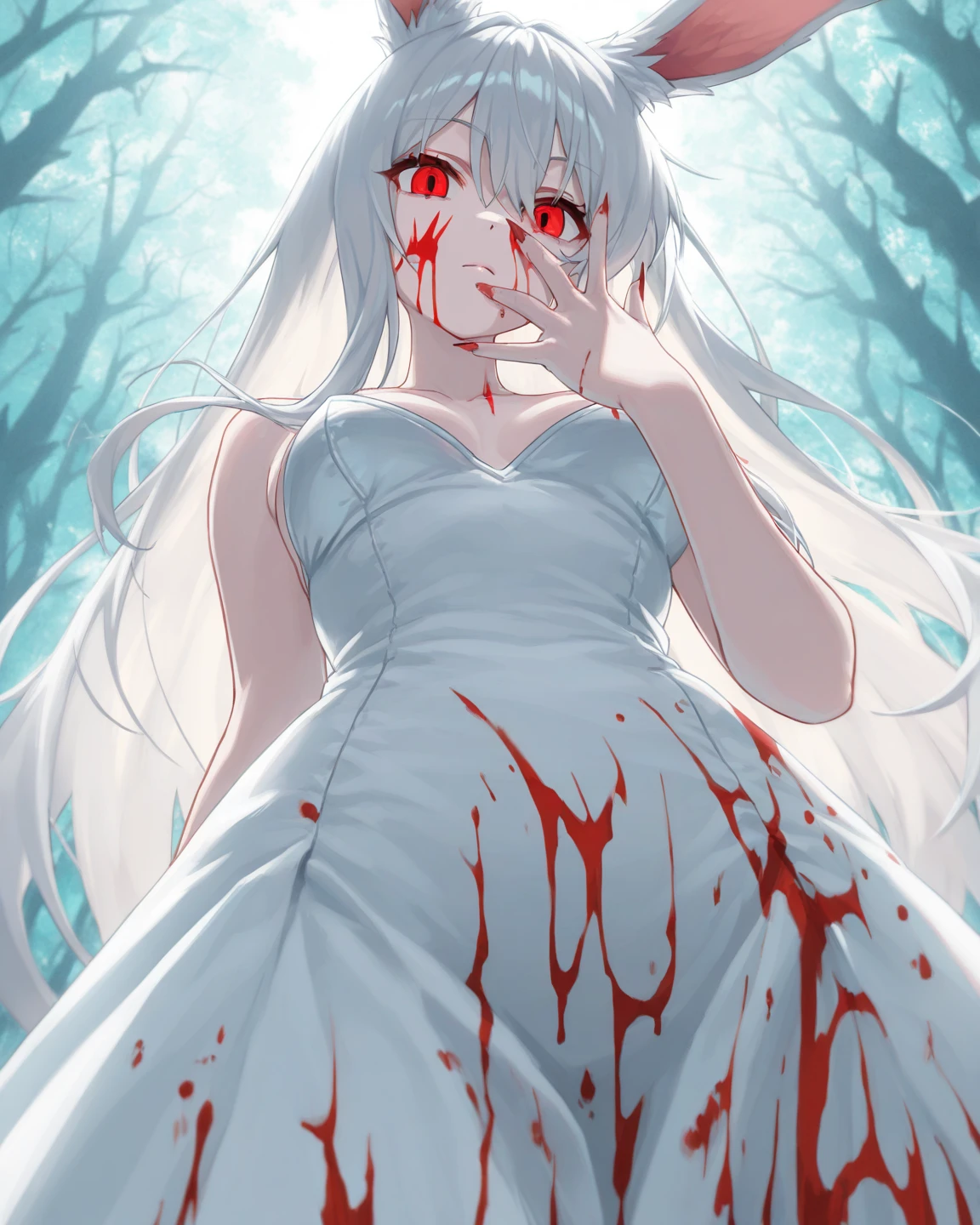 white hair girl, red eyes and fangs, sitting crying in the hallway with blood on her hands, she wears a white dress.