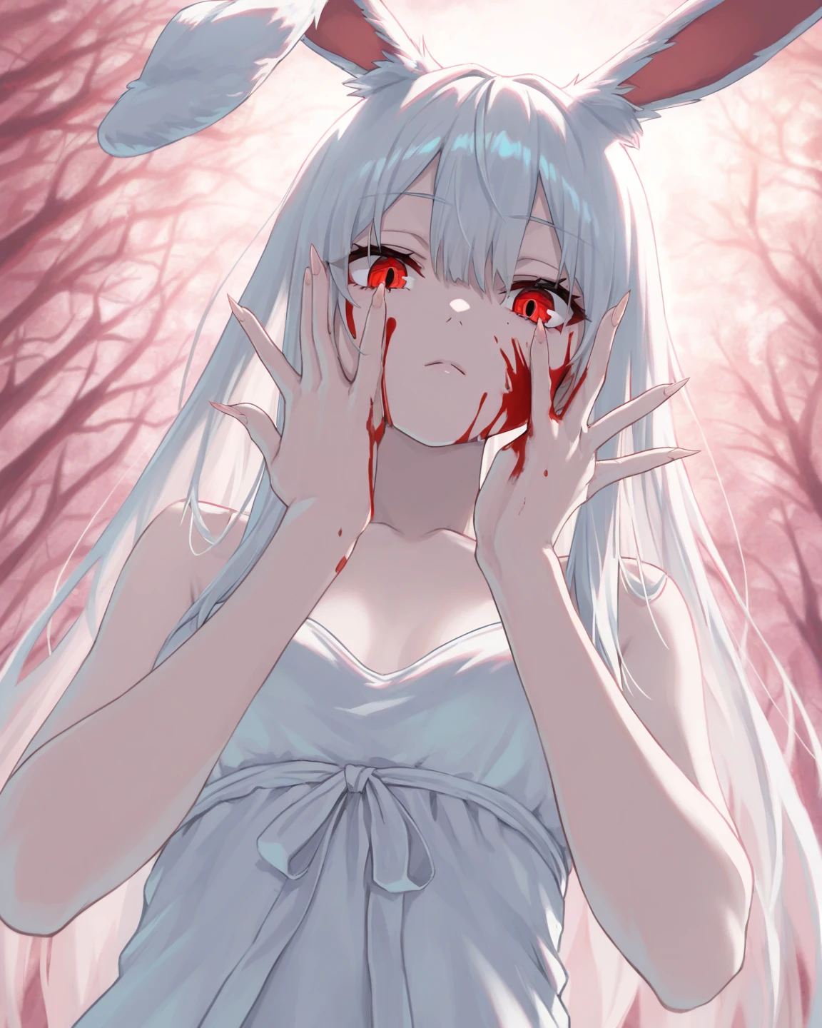 *a , on a black background, slightly dirty white clothes, looks at the viewer, yellow slightly long hair, blood on her face, one eye is injured, a sad and gloomy expression on her face, holds a white rabbit toy in her hand*