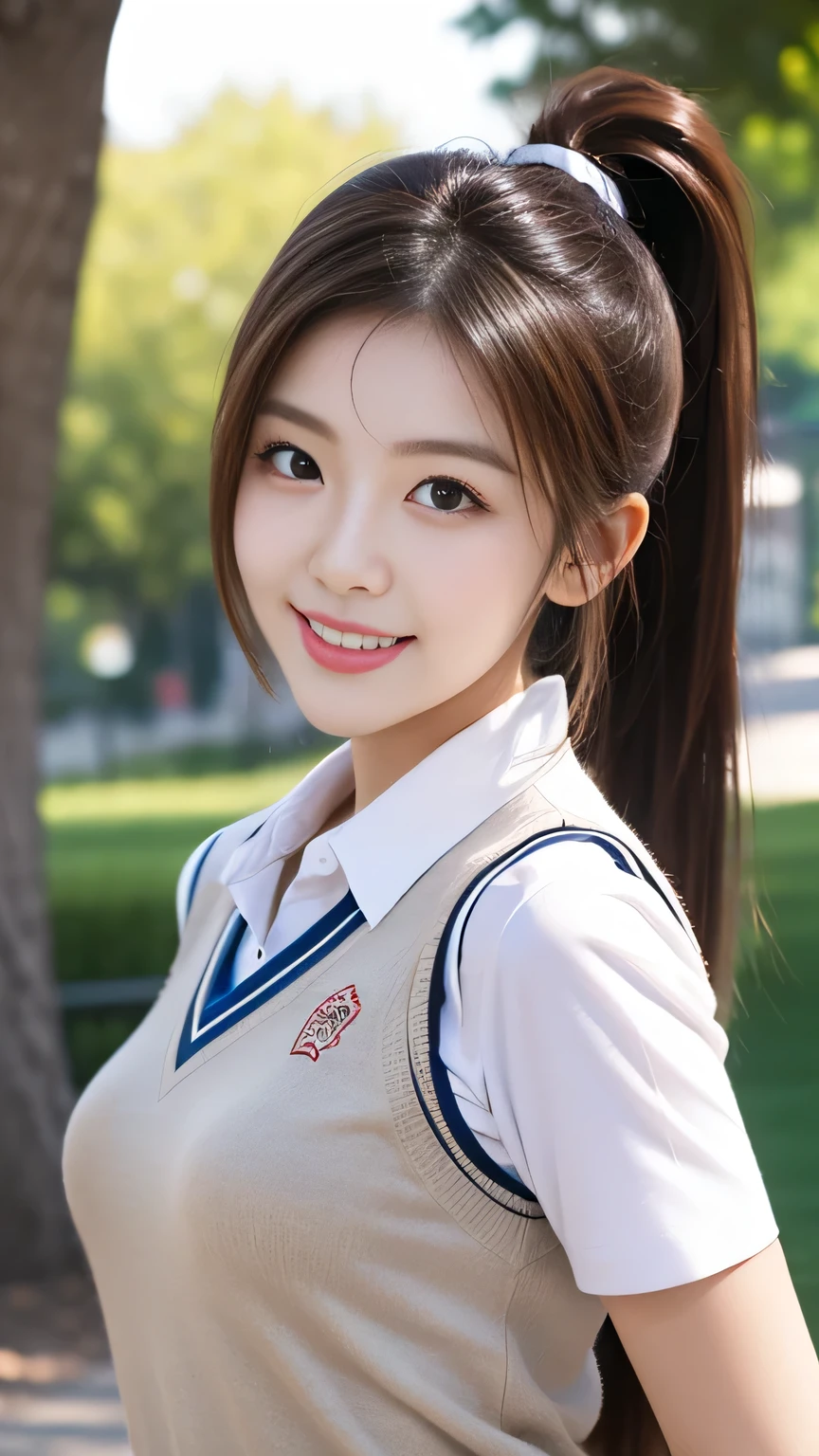 upper body closeup photo anatomically correct 5 fingers beautiful Korean woman in front of the machine (((ponytail))) pleated skirt, lace trim, big ,Student uniform, short sleeve shirt Sweater Vest looking at camera In the shade of a park cute charming smile