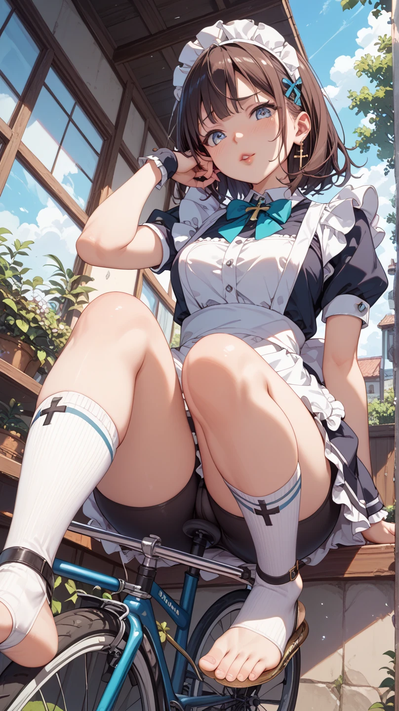 10 year old girl underwear, Realistic bloomers made from patterned cotton fabric, Medieval one-piece dress with panniers, Fabric Realism, Low - Angle, I see bloomers, Pull up the dress by hand, Strong winds, Translucent slip, Translucent slip, tights, Highest quality, Crotch close-up, whole body