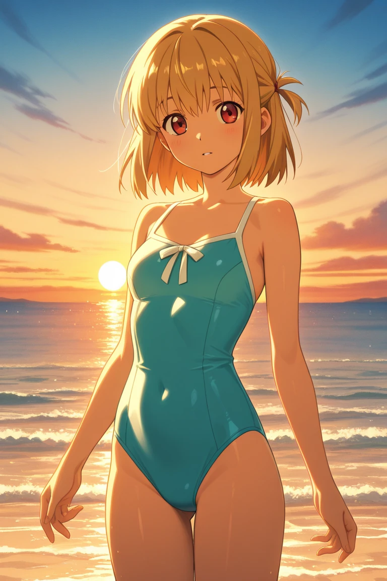 Masterpiece, top quality, ultra high definition CG: 8K wallpaper, beautiful girl, beautiful proportions, lolita, slender, embarrassed, red eyes, yellow hair, short hair, red mini school swimsuit, towel, sweat, little girl, hands hide, clouds, twilight. ）
