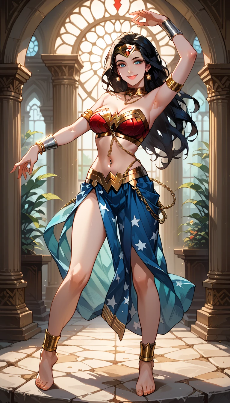 masterpiece, best quality, beautiful art, high resolution, well formed hands, body and fingers, 1 woman, solo, wonder woman, tiara , long blue hair, blue eyes, arabian belly dancer, adult, big breasted, cleavage, hair ribbon, full body, sexy and skimpy outfit , gorgeous legs and thighs , she is fighting in a combat match, showing her fighting skills, making her guard, about to hit the viewer, looking at the viewer, sweating, bouncing breasts, being confident and proud, action and fighting scene, martial arts tournament with beach environment