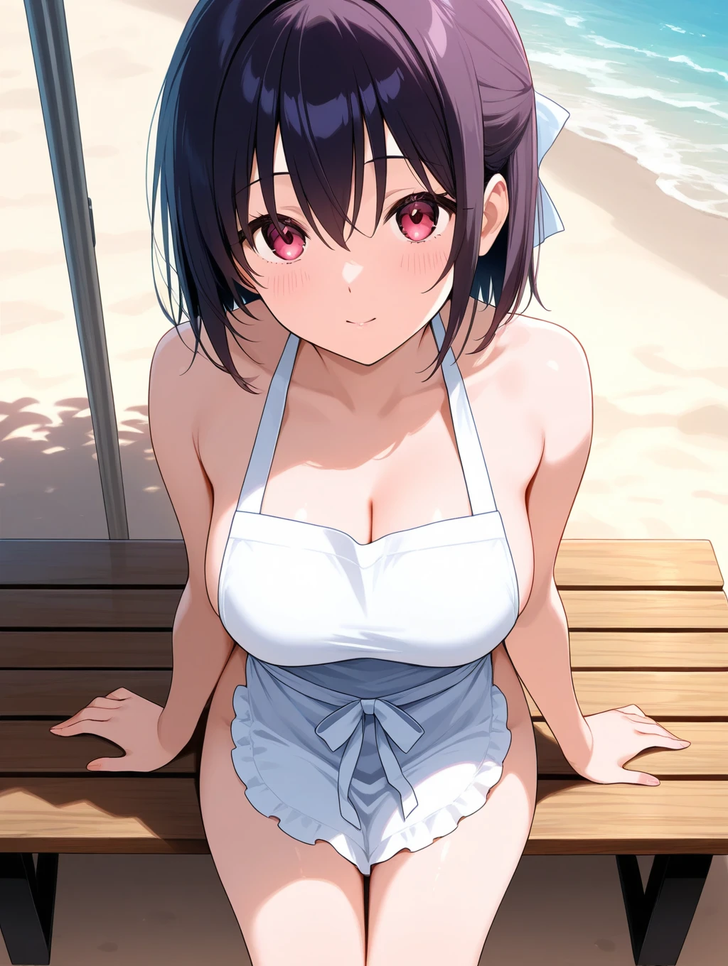[anime styled]],[[digitalart]],1girl,solo,(portrait)from above,Tomomi_saikyou,black hair,Short hair,bob cut,hair ribbon,midium build,1girl in,short torso,anime screen cap,cel shading,smile, blush,(strong light),((brighten the subject)),park,lawn,early summer,(sitting,leg lift),(spread a sheet),nude,((bra)),((panties)),(lingerie)