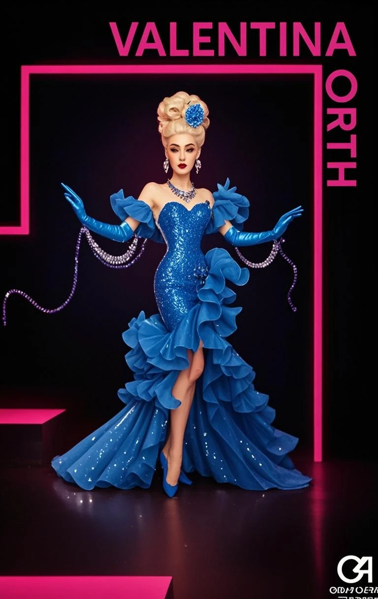 FULL BODY IMAGE: a american-italian-letonian 34 years old drag queen. Her makeup is inspired by Classic Drag. She’s wearing a underwater themed cyan and yellow gown with matching rhinestones and heels. Her blonde hair is styled in a puffy way. white background image
