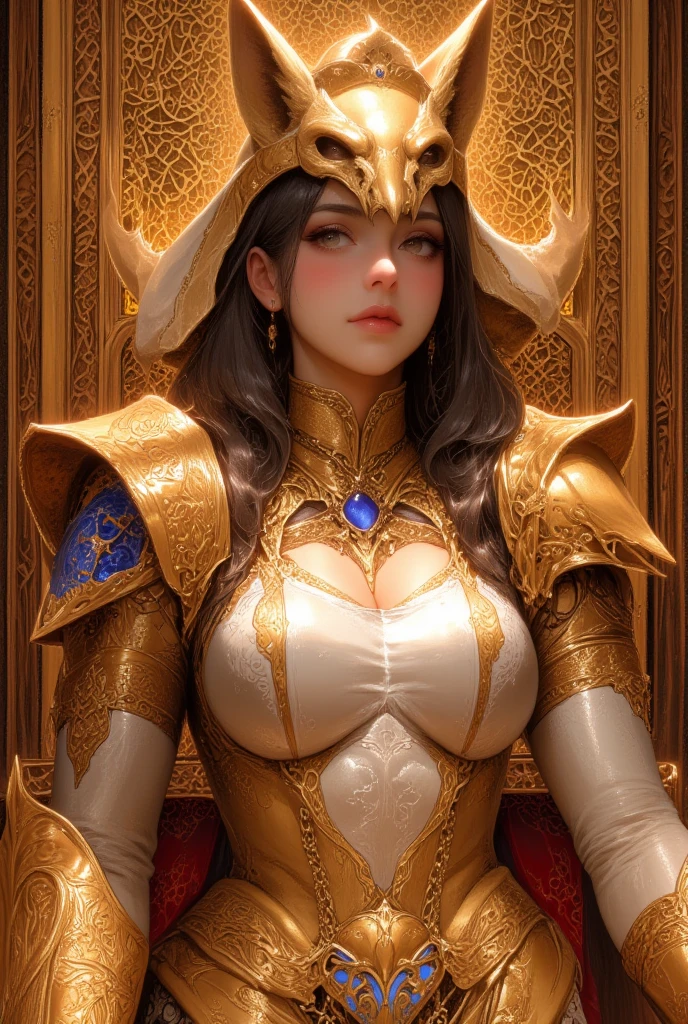 Detailed portrait of Cinematic shot,cute girl,cape,samurai,gold and red assassin armor,intricate armor,vikings helmet, angry, full body,gundam Emphasize blackened steel,detailing,4k resolution,enaissance style,high contrast,cinematic lighting, clean-shaven, high level of detail, dynamic pose,showing big breast
