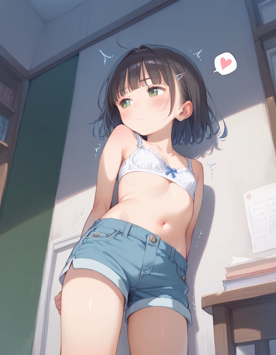In underwear,Yukimi, 10 years old., Blunt bangs,Shortcuts,Black Hair,,Flat Chest, Expressionless, shy, whole body, Highest quality, School classroom、Angle from below、stand、White sports bra,(White panties:1.4)、Embarrassing,Put your hands behind your back