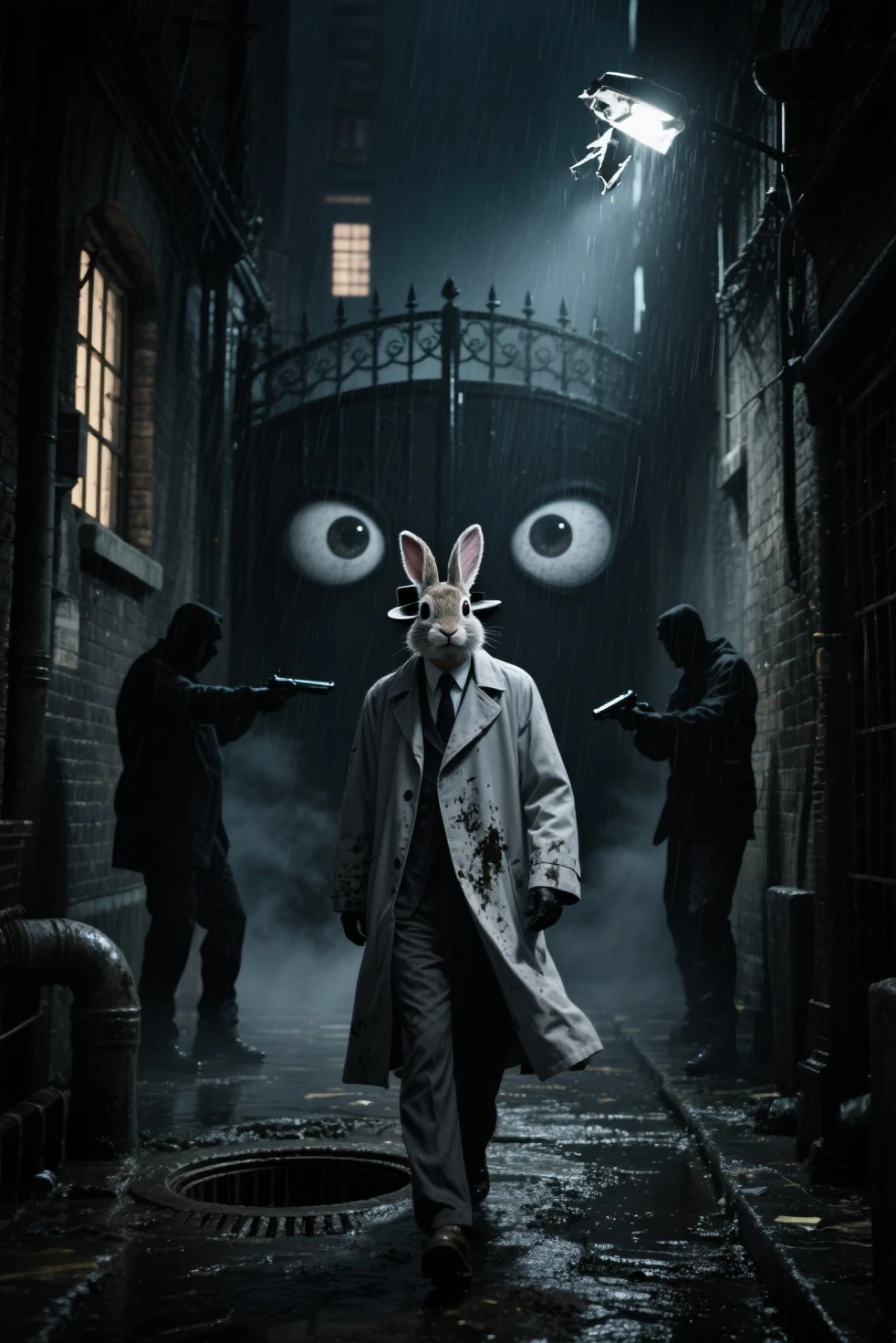 "Hyper-realistic urban night scene, modern Alice in Wonderland, low-angle shot, dimly lit city alleyway, beautiful young woman in school blazer chasing a 50cm tall anthropomorphic white rabbit, rabbit wearing black suit jacket and tie, holding smartphone, panicked expression, rabbit running ahead, woman reaching out, path ahead illuminated by mysterious glow, light dramatically highlighting both characters' faces, high contrast lighting, photorealistic CGI, cinematic quality, detailed textures of alley walls and ground, reflections in puddles, steam from vents, neon signs in background, motion blur suggesting movement, shallow depth of field focusing on characters, ultra high-definition rendering