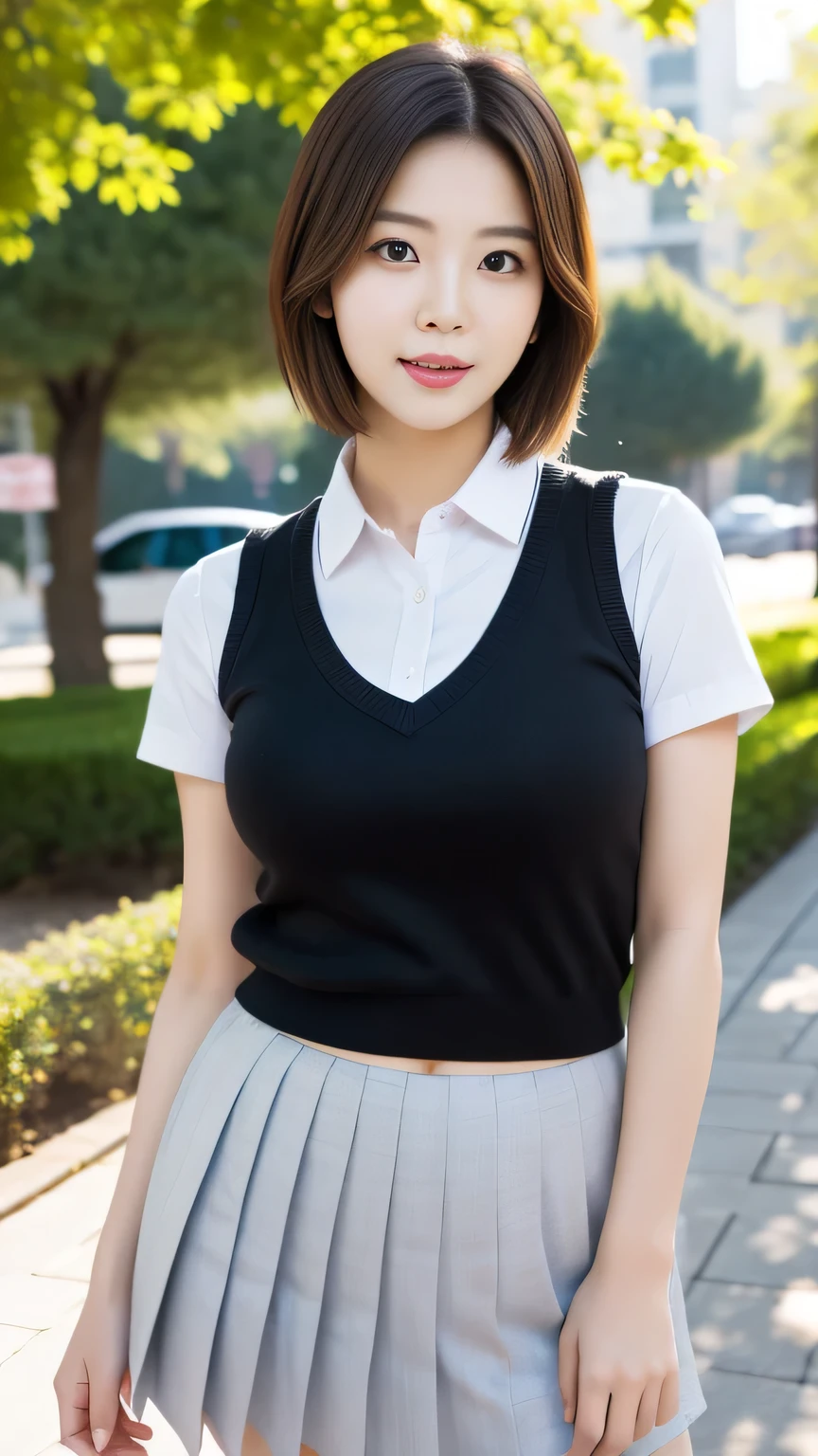best quality、8K、masterpiece、Ultra-high resolution、Clear photos、Professional lighting、Natural light、Practical,、Highly refined skin、Perfect anatomical structure、(Beautiful hands)、(Beautiful fingers)、A woman、Age 25、baby face:1.8、Large Breasts、(Large areola)、charm、Bob Hairstyle、Brown hair、Beautiful hair、Smile、((((star:1.1))))、((Black vest))、(short sleeve)、((Black tight mini skirt))、((Perfect pantyhose:1.2))、((Black pantyhose:1.1))、in the park、Sitting on a bench、(((sit down)))、(((Skirt lift)))