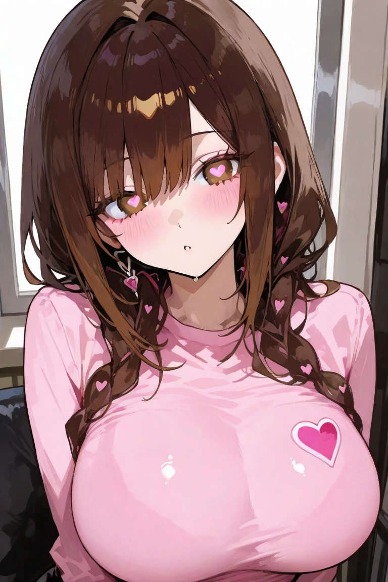 1girl in,Heart-shaped pupil,Fingernails,hands on own face,Brown hair,Purple eyes,(blush:1.1),Choker,Upper body,trembling,Sweat,droolng,(SPEEDLINE:1.1),Huge breasts,I don't wear clothes ((Heavy breathing:1.3)), Koi,, large areola , Exposed nipples、Smile