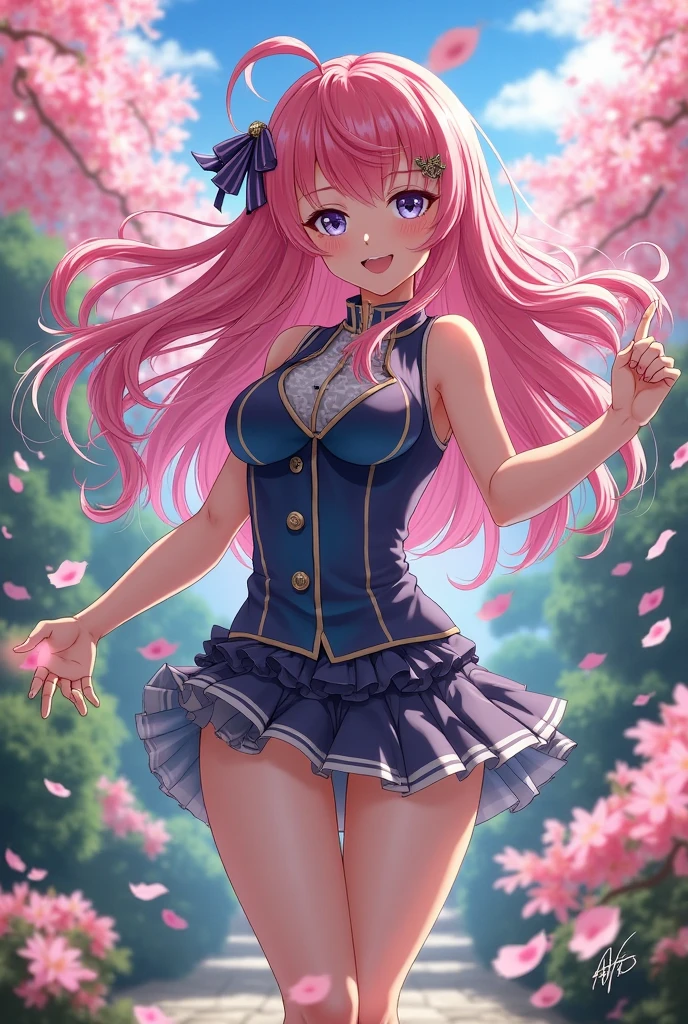 A lovely woman (miniskirt, rainbow hair, tube top, parasol) is a tourist in Japan, she is walking through a park while the cherries are in bloom, view from behind