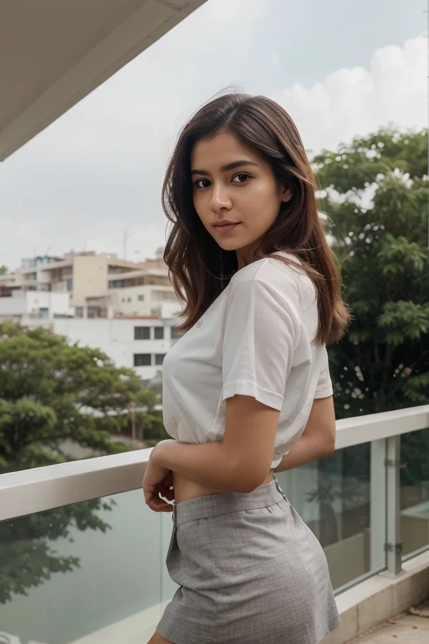 model, A modern woman from Minas Gerais, with a look blending traditional and contemporary elements. She wears elegant and comfortable clothes with details reflecting local culture and cuisine, in an environment combining urban and rural aspects.