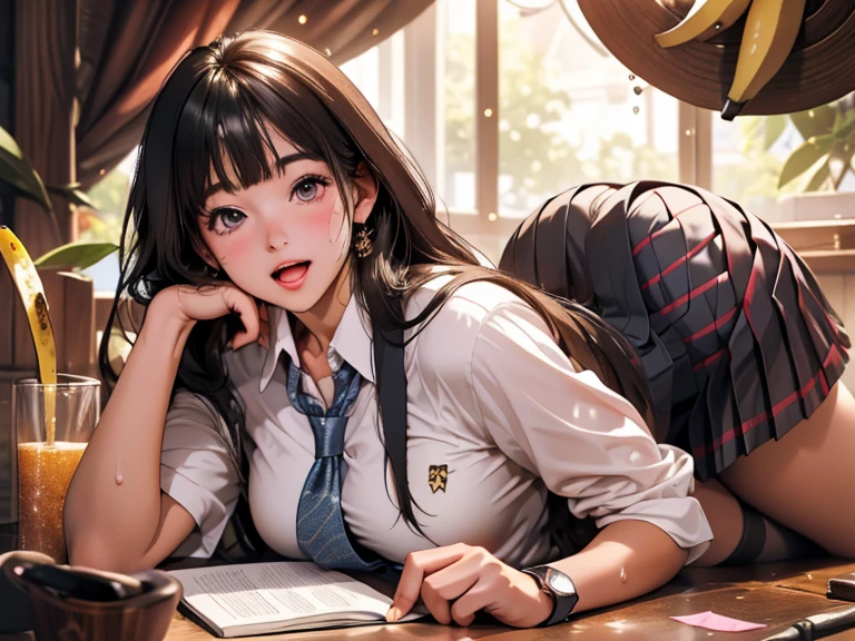 (((Masterpiece, highest quality, high definition, high detail)))), (((modern))), ((Inside college library)), ((standing in library)), (((one girl))), detailed eyes, beautiful face, tomboy, student clothes, girl with dark skin, ((long black hair in a bun)), hazel eyes, blunt bangs, wearing student clothes, student skirt, blushed face, large breasts, (dark skin*0.8), (long brown + wavy hair*1.2), looking at viewer, kind look, smiling sweetly