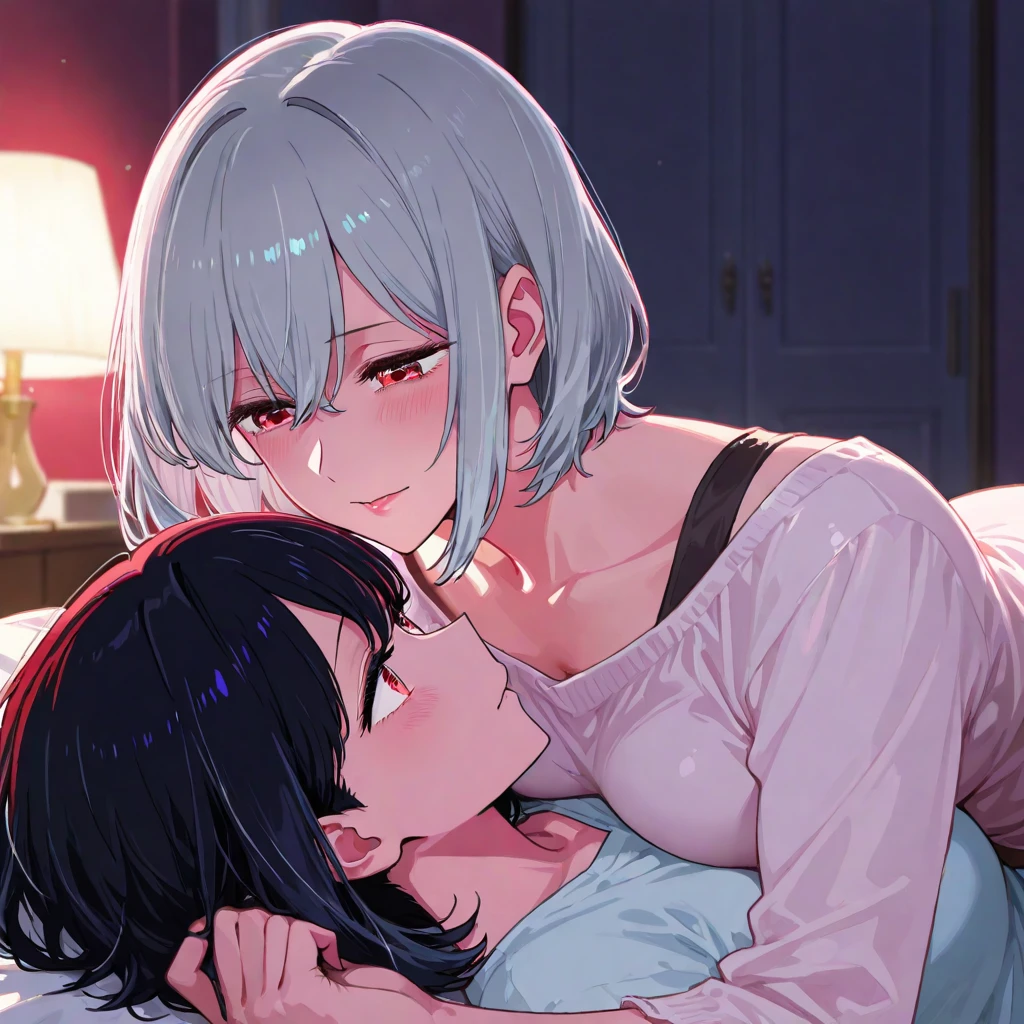 "((masterpiece)), best quality, ultra high resolution, (2 girls), yuri, (kiss:1.4), (french kiss), (blush), (tongues), (playing with tongues), (saliva), (groping), (hand on chest), love, (Yuri), bed,"