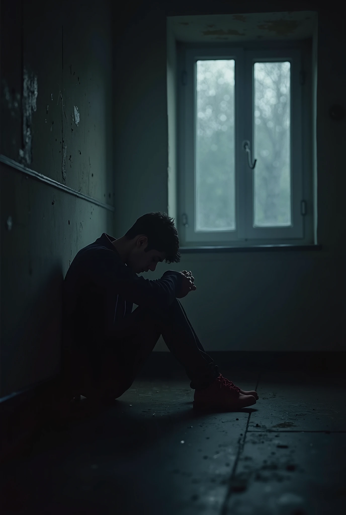 I need an image of a sad 17 year old boy sitting in the middle of a lonely theatre stage. The boy is dressed as a magician and you can see the disappointment on his face., he's hugging his legs in profile, but you can see his face