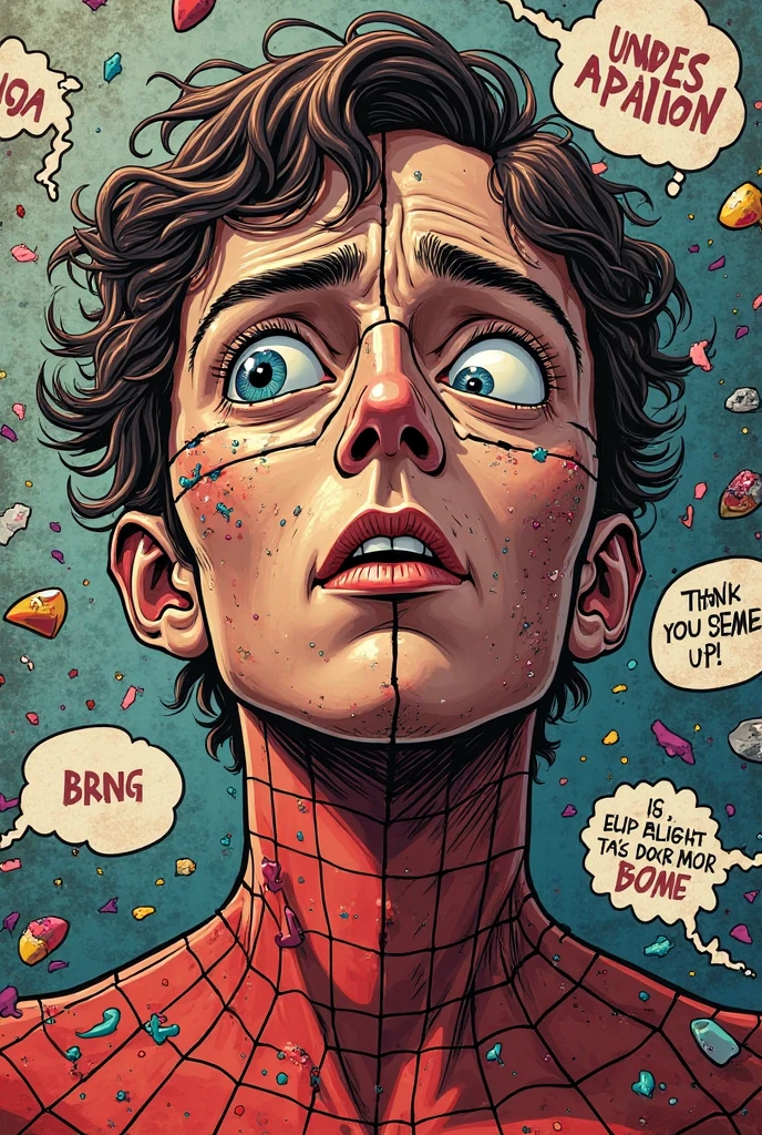 in the Marvel Comics style, create one with shoulder-length, curly brown hair, light-skinned girl in black spiderman suit punching carnage in the middle of a destroyed city
