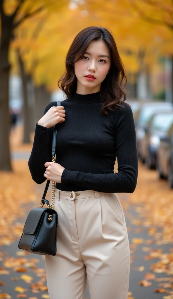 1girl, full body, skinny,
black hair, long hair, blue eyes, earrings, white ribbon,
walking, light smile, looking at viewer,
city, town square, autumn, trees,
((Hasselblad photography)), finely detailed skin, sharp focus, (cinematic lighting), soft lighting, dynamic angle,
<lora:VirtualGirl-Ren:0.3>, VirtualGirl-Ren, flat-chested, male chest,
<lora:flat_chested_v1_sd_1-5_A102:0.2> flat chested, (flat chest:1.2),
<lora:dark :0.8> dark academia, outfits, belt, boots, pants, long_sleeves, jacket, bag, sweater, sleeves_past_wrists, turtleneck, brown_footwear, phone, holding_phone, black_belt, hand_in_pocket, brown_jacket, turtleneck_sweater, grey_pants, brown_sweater,